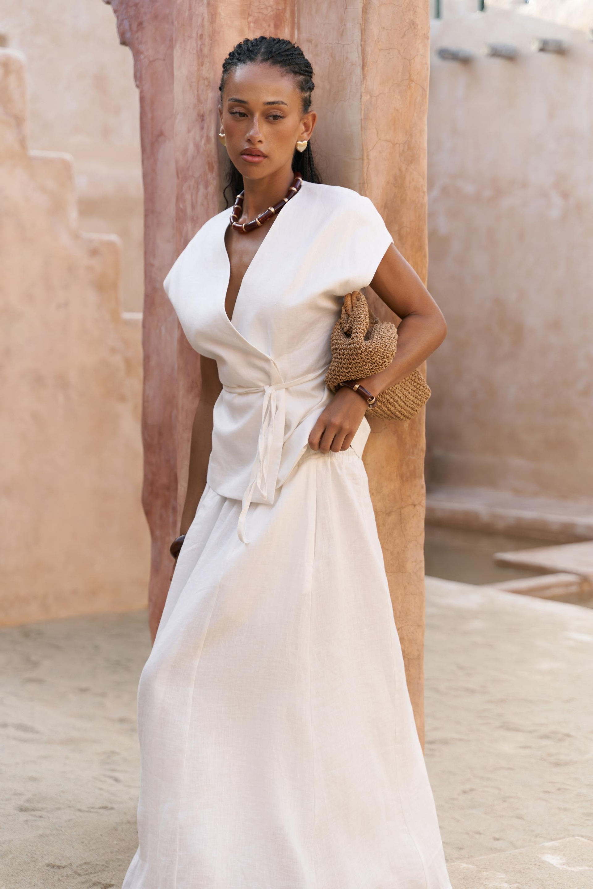 Fiametta Salaş Ekru Keten Yelek Etek Takım