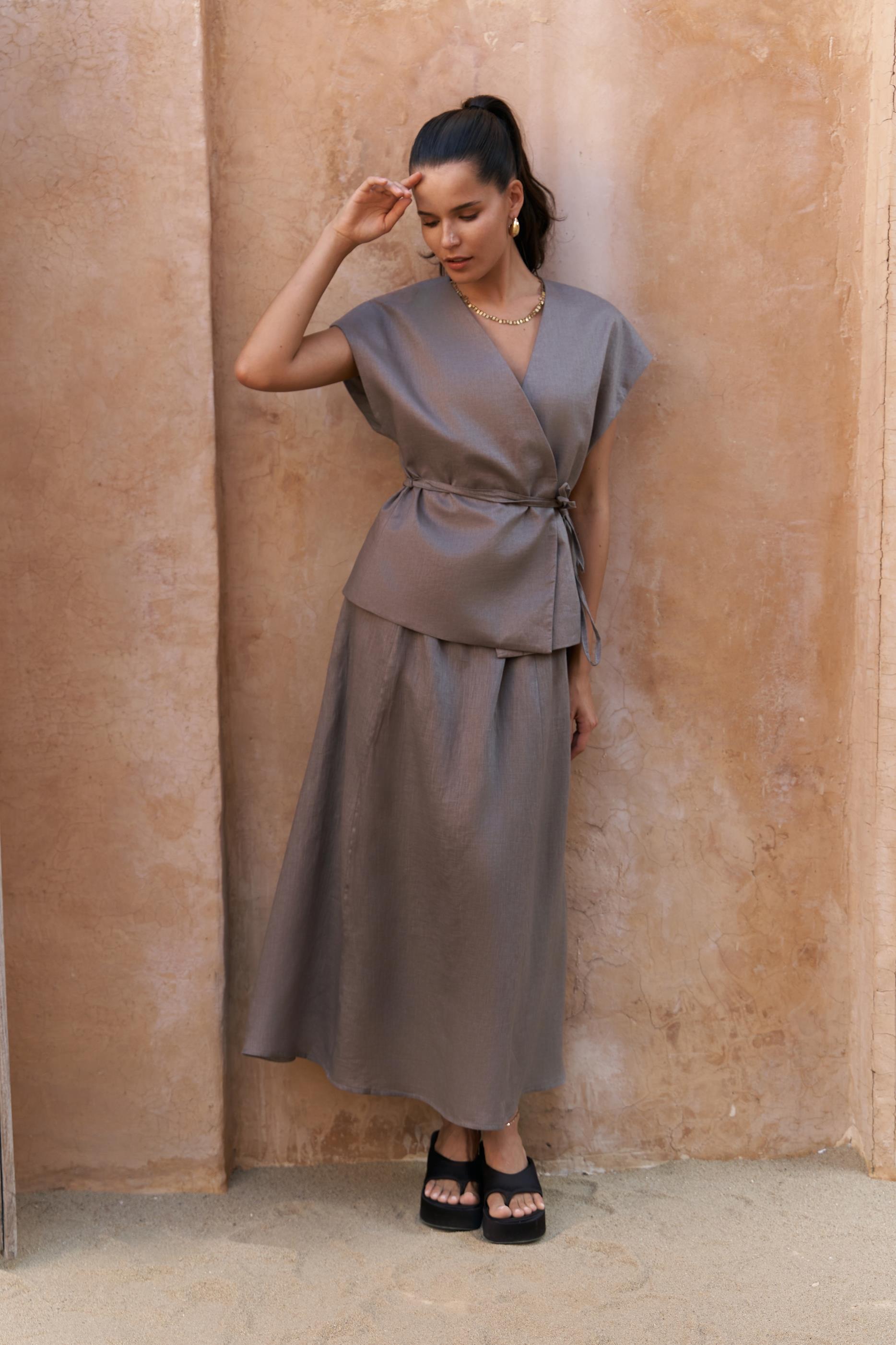 Fiametta Salaş Füme Keten Yelek Etek Takım