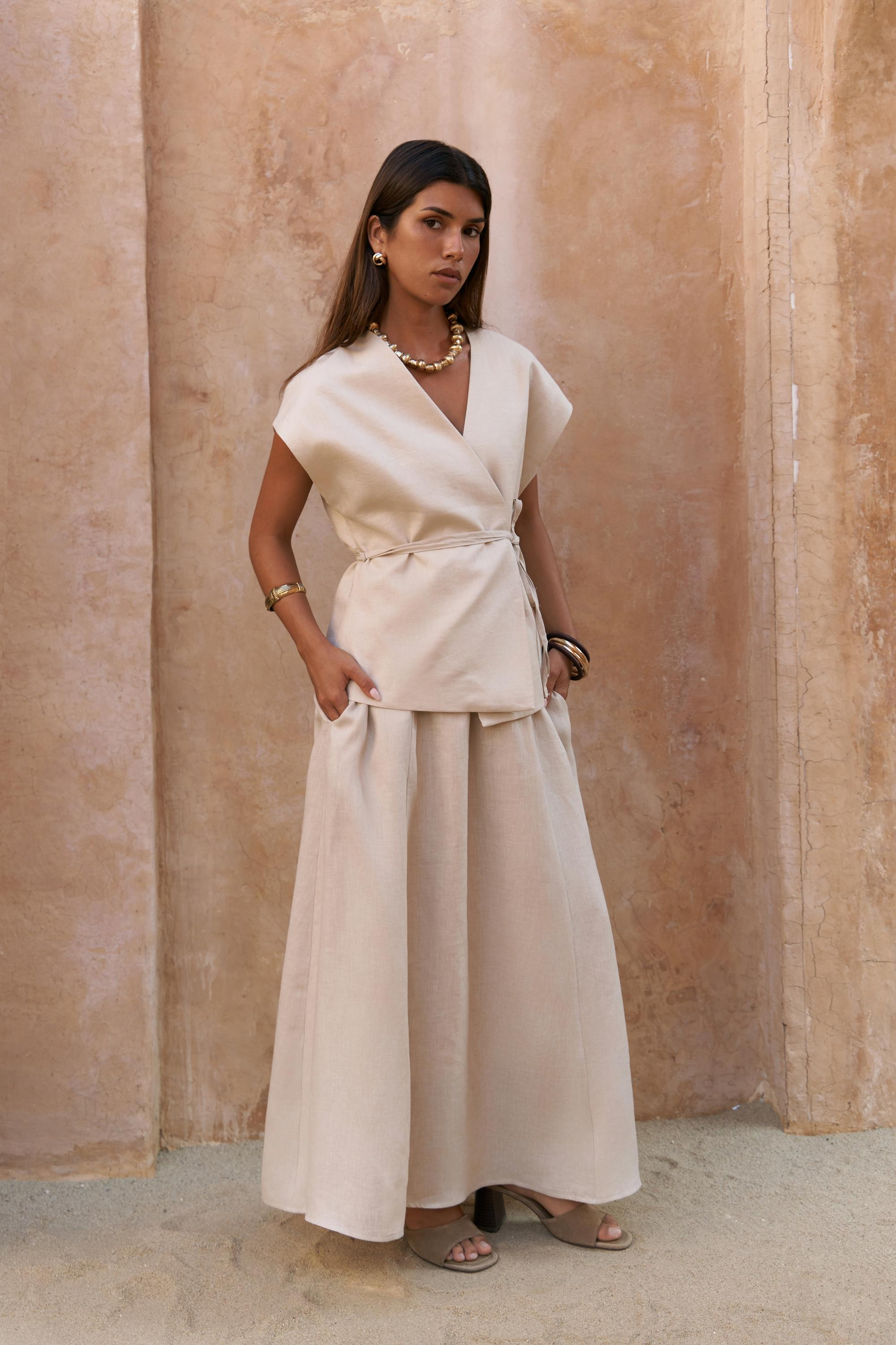 Fiametta Salaş Taş Keten Yelek Etek Takım