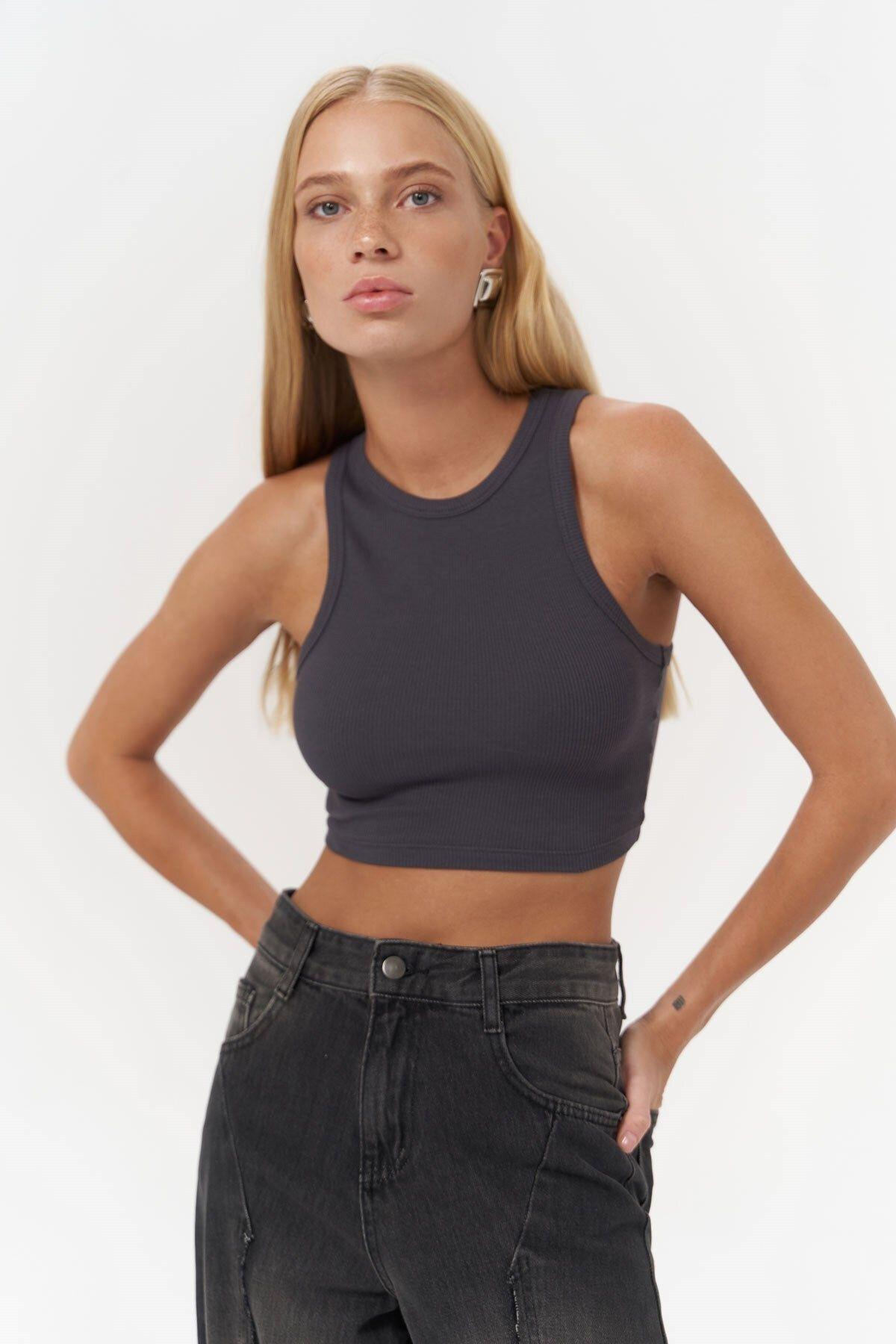Fleur Fitilli Halter Yaka Antrasit Crop