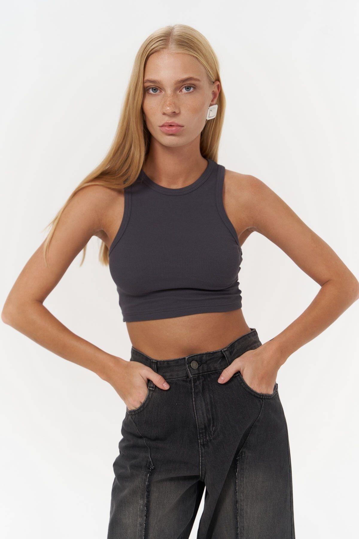 Fleur Fitilli Halter Yaka Antrasit Crop