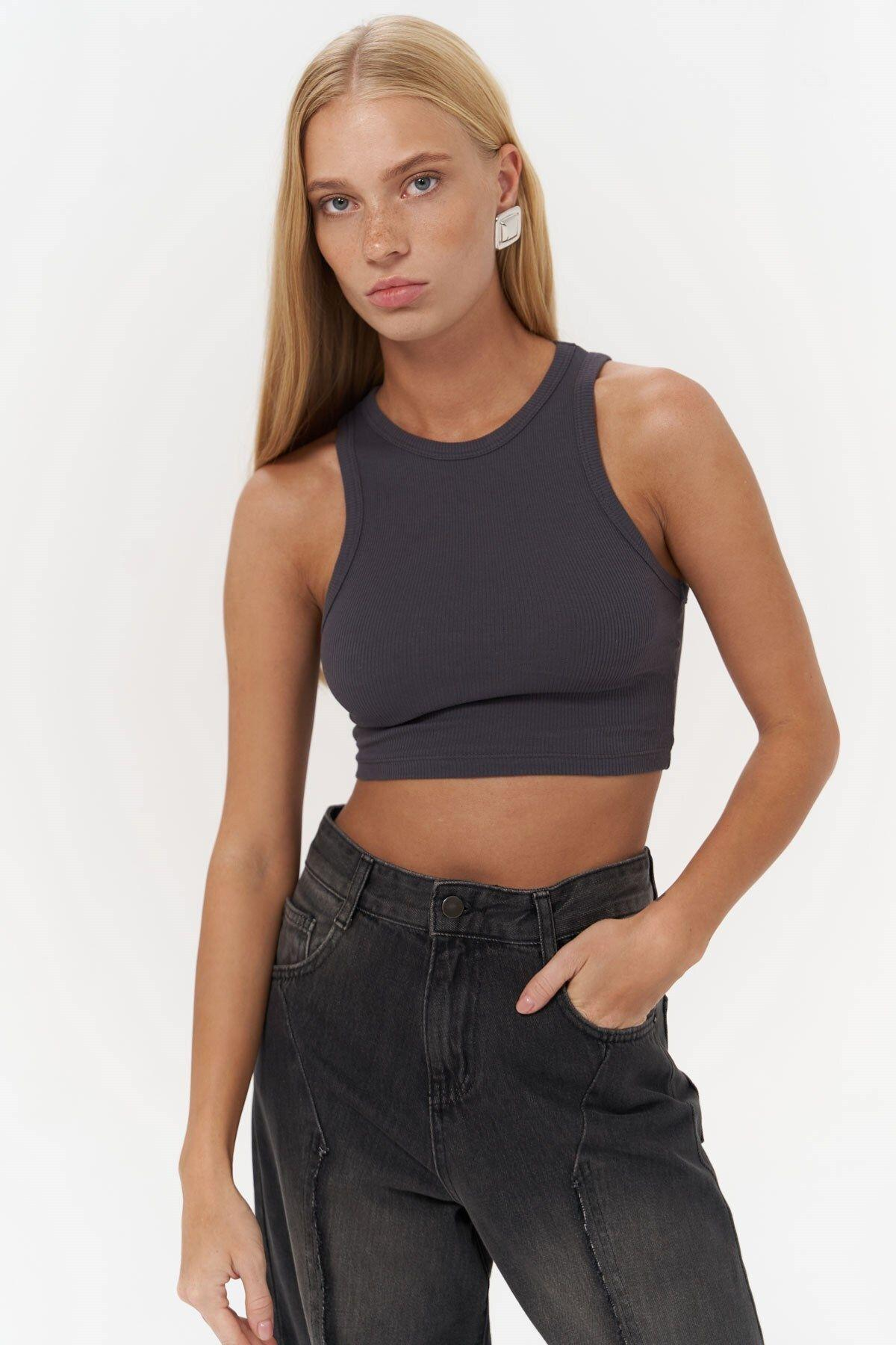 Fleur Fitilli Halter Yaka Antrasit Crop
