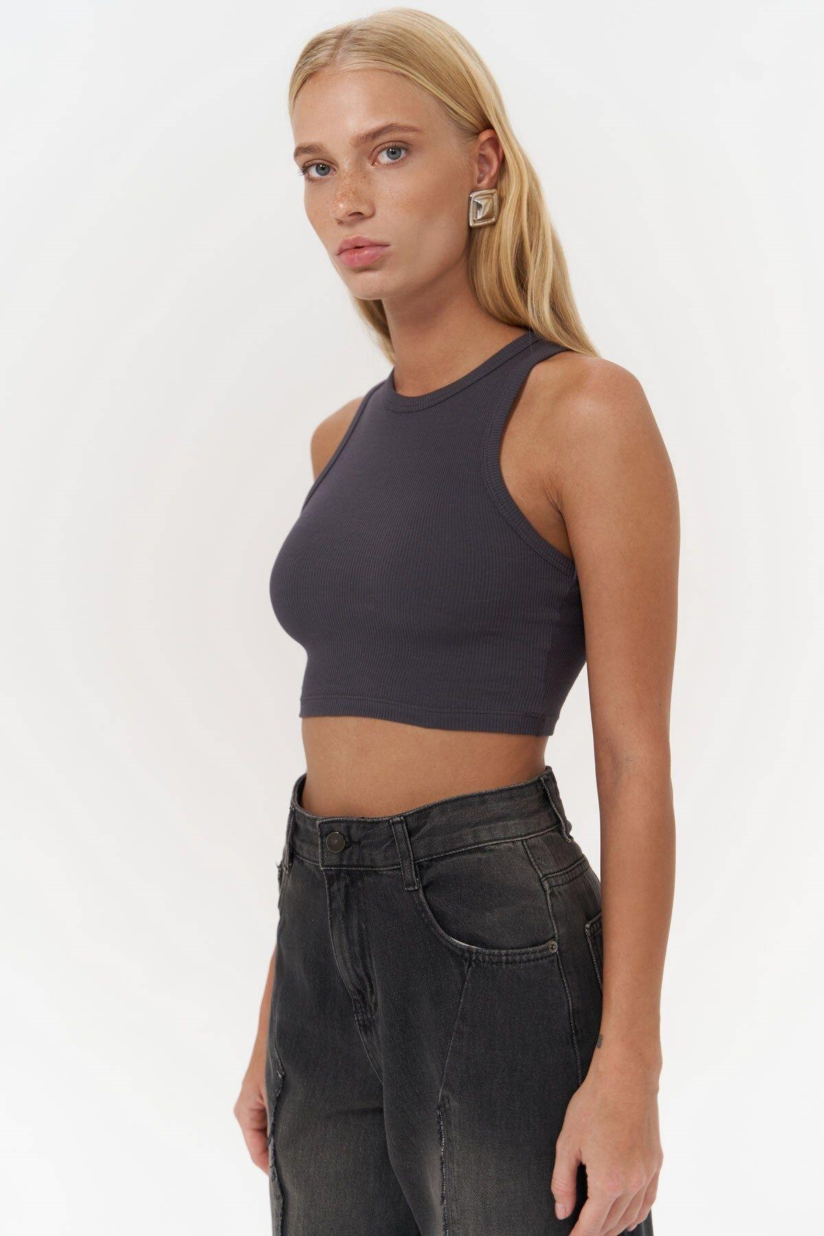 Fleur Fitilli Halter Yaka Antrasit Crop