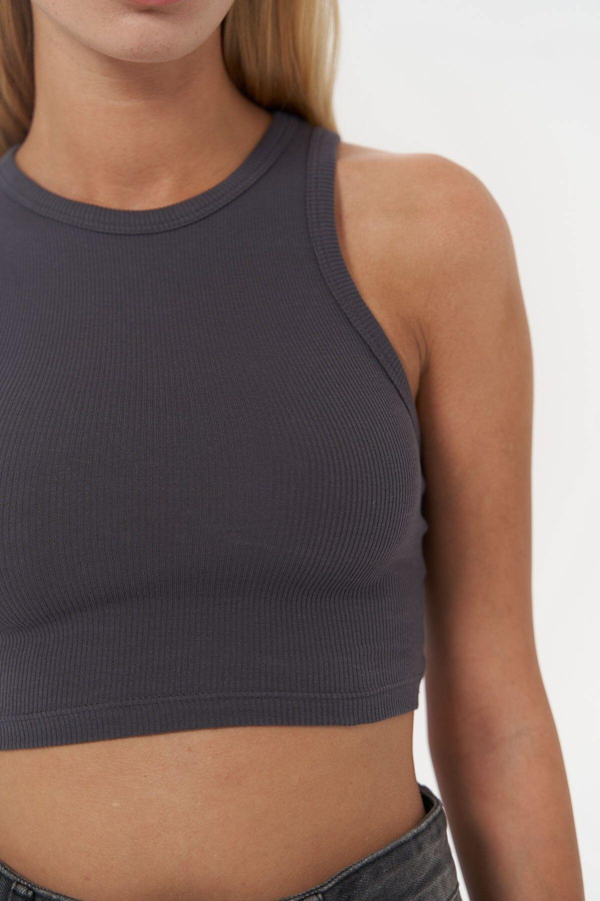 Fleur Fitilli Halter Yaka Antrasit Crop