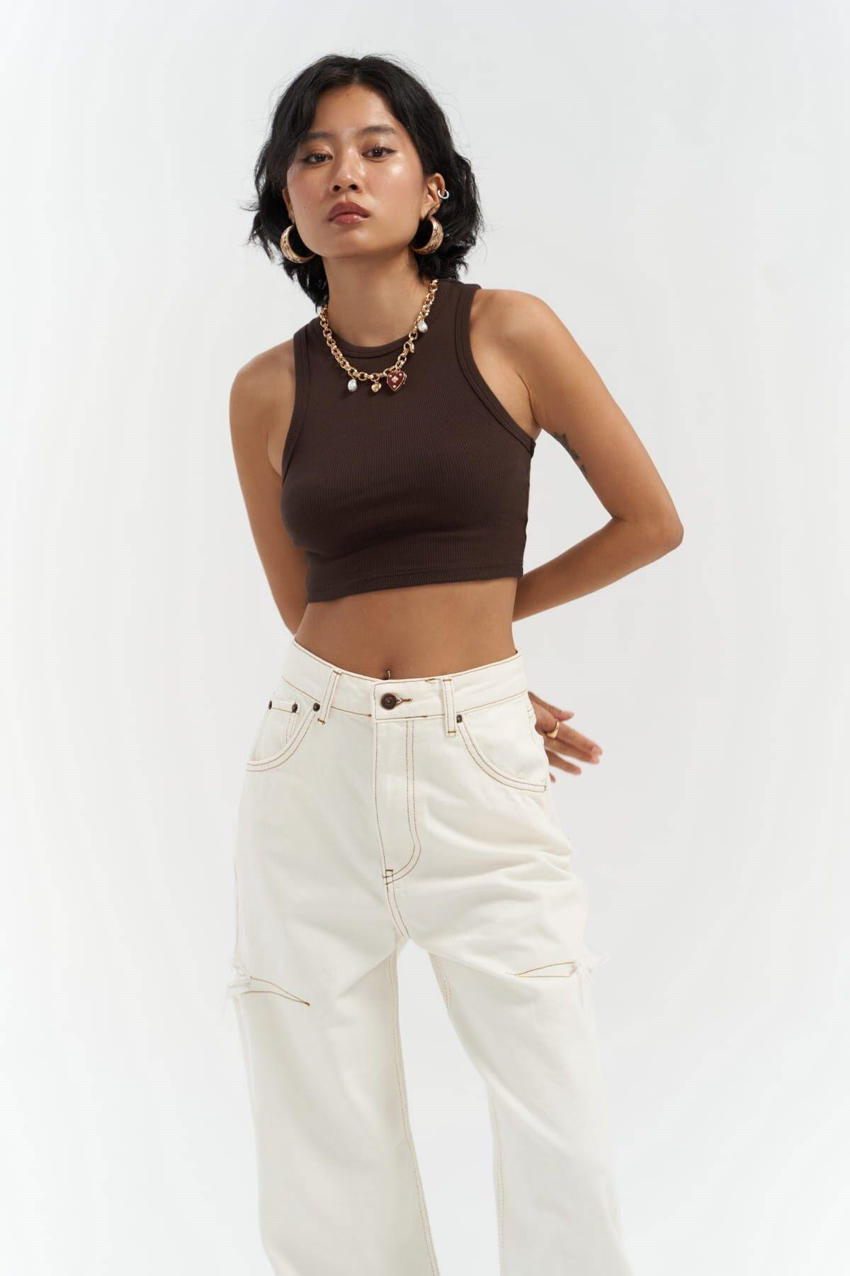 Fleur Fitilli Halter Yaka Kahve Crop