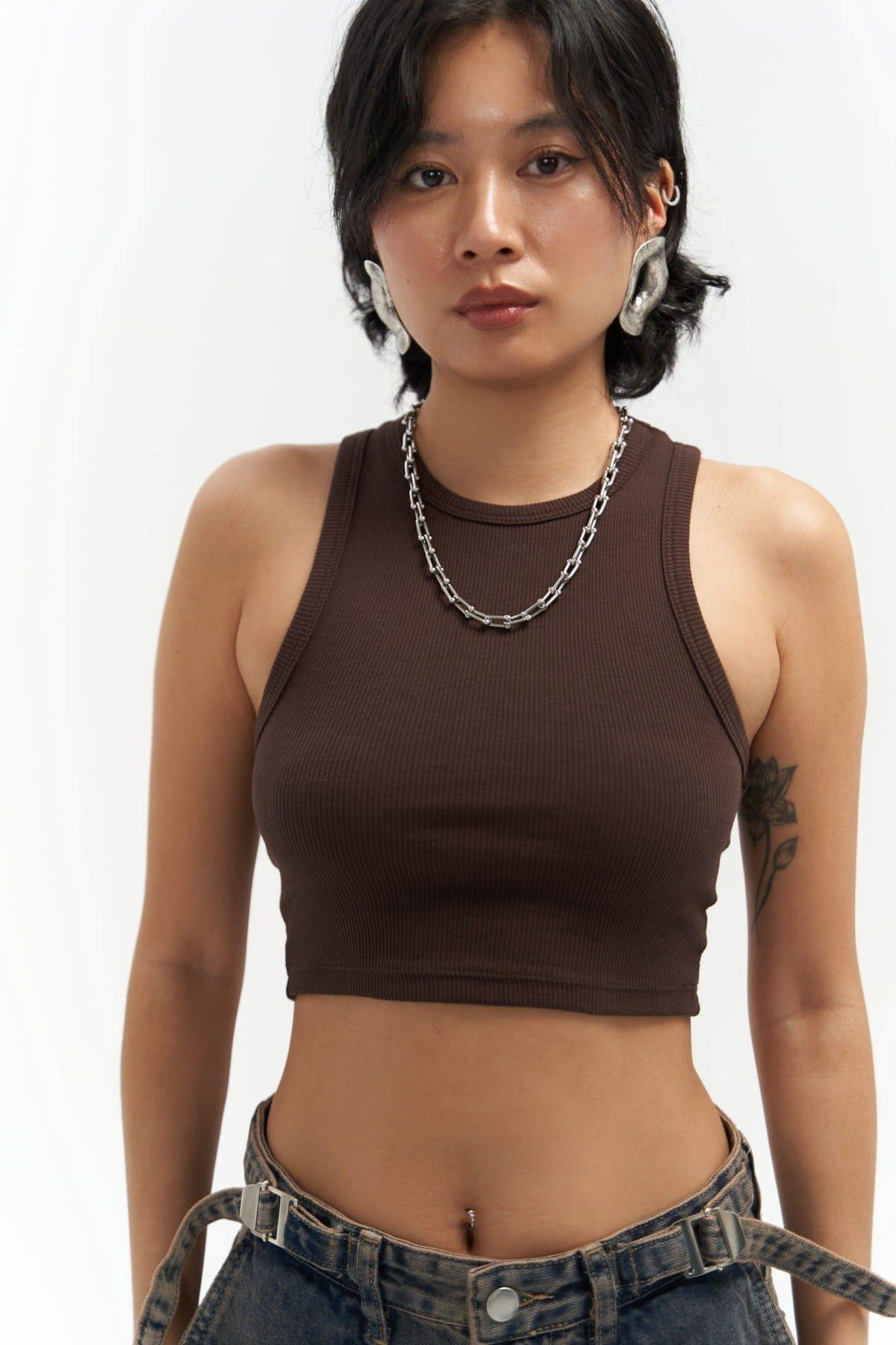 Fleur Fitilli Halter Yaka Kahve Crop