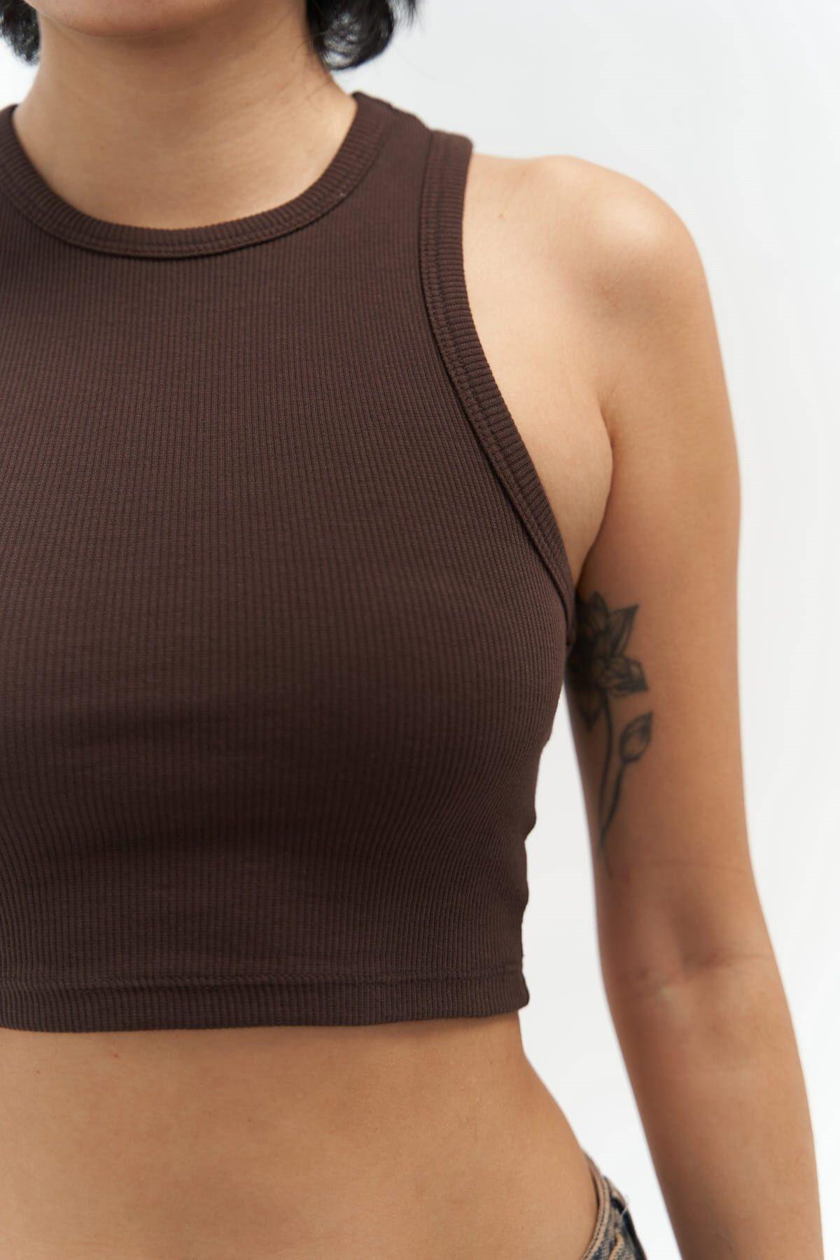 Fleur Fitilli Halter Yaka Kahve Crop