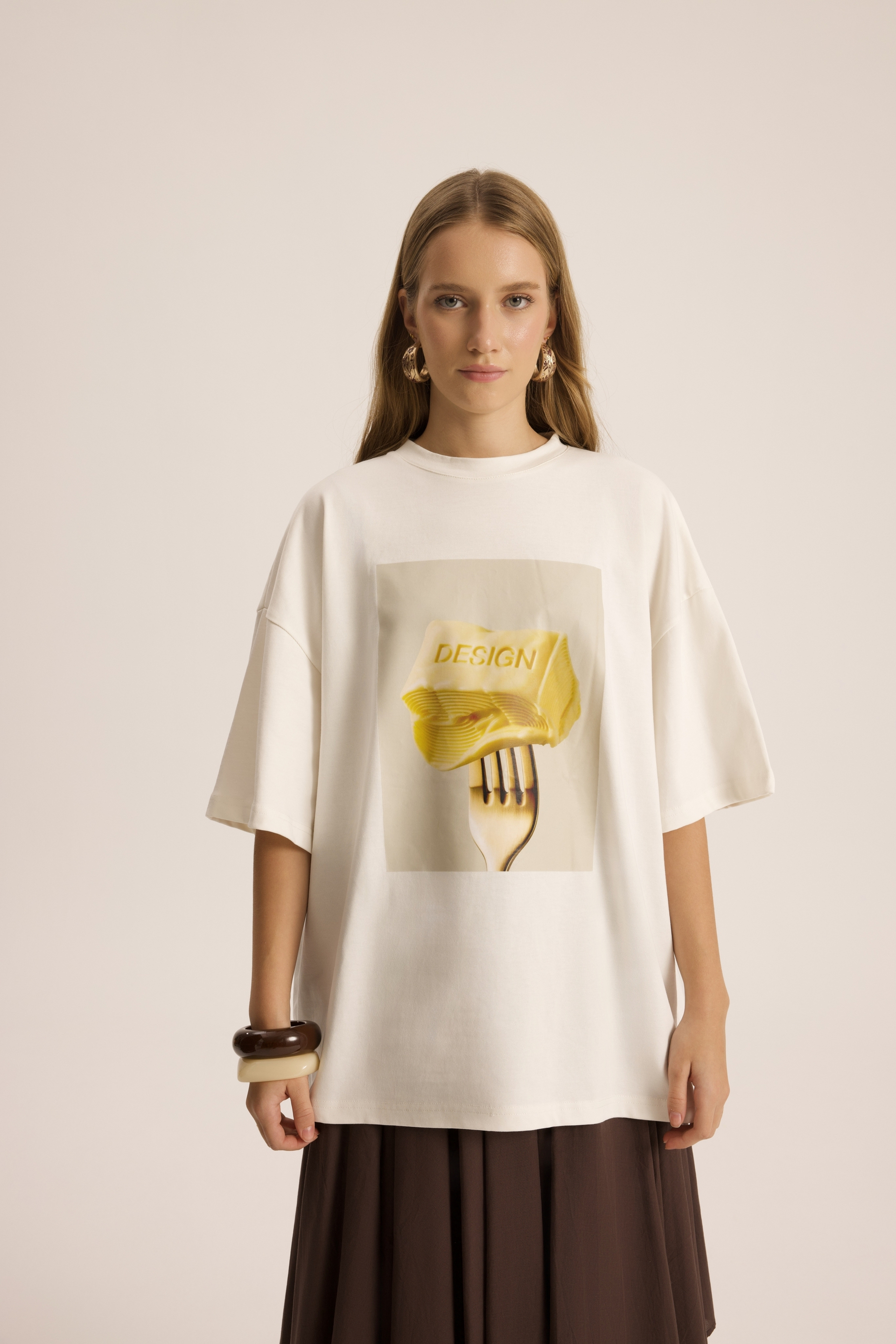 Fork Design Beyaz Oversize T-Shirt