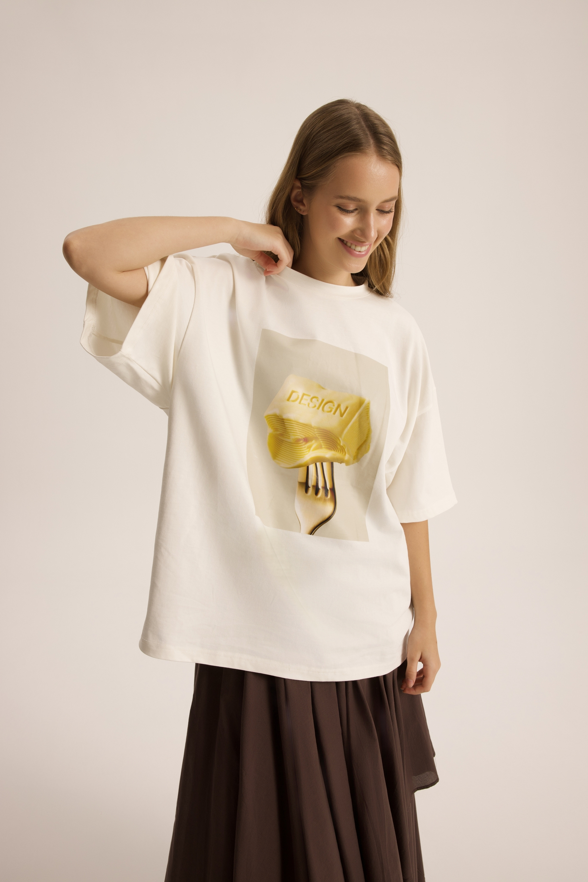 Fork Design Beyaz Oversize T-Shirt