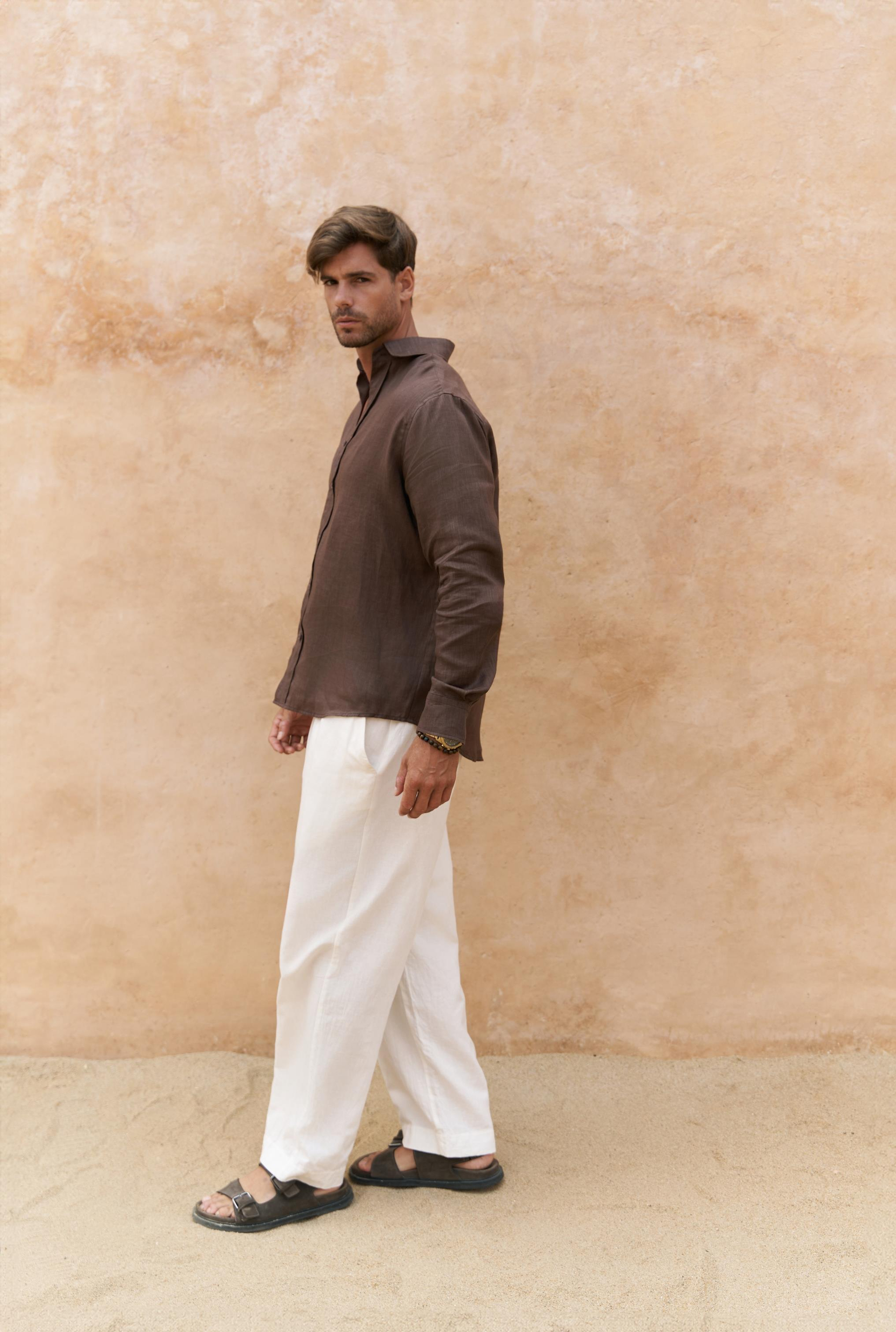 Fyfaha Bol Paça Erkek Ekru Keten Pantolon