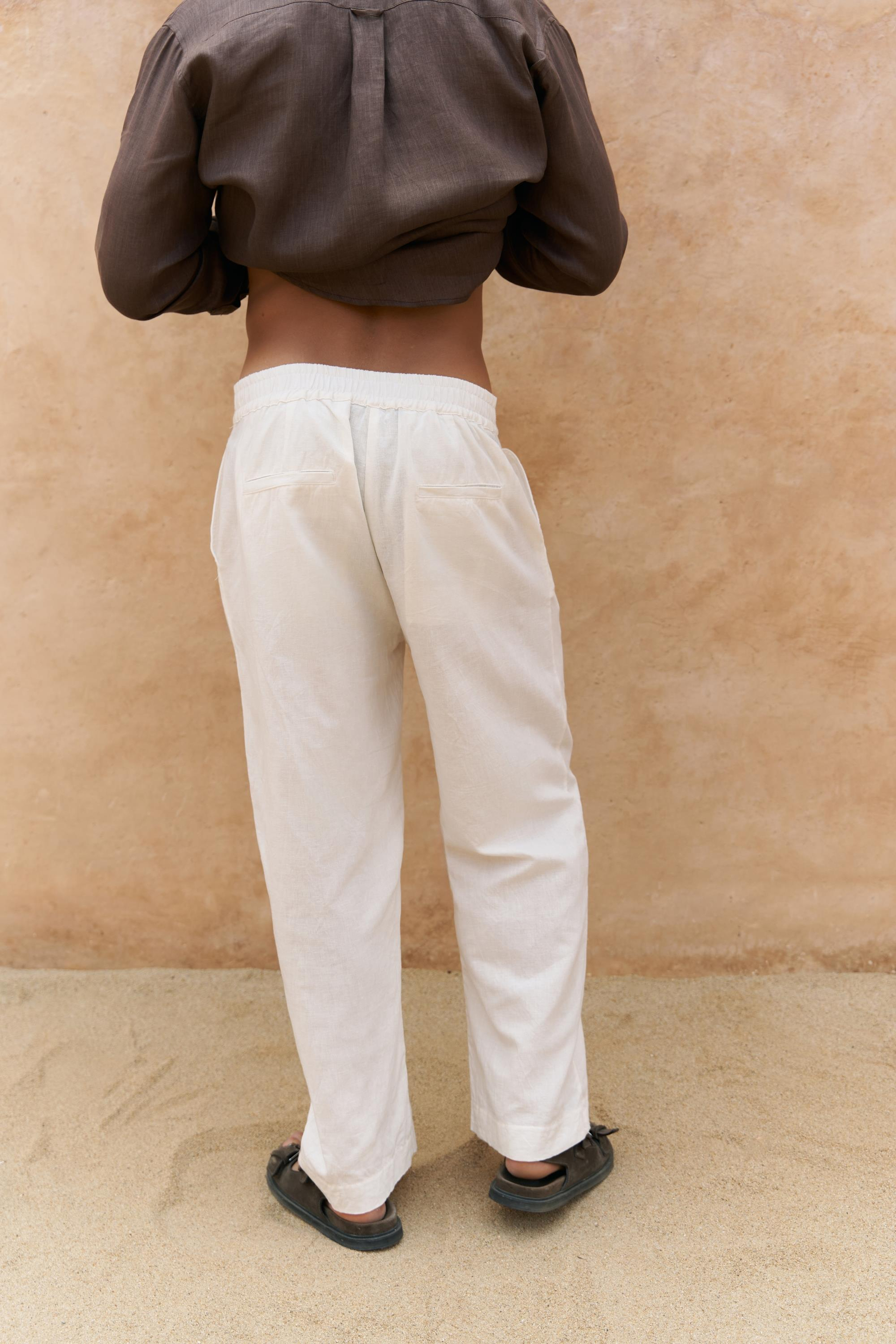 Fyfaha Bol Paça Erkek Ekru Keten Pantolon