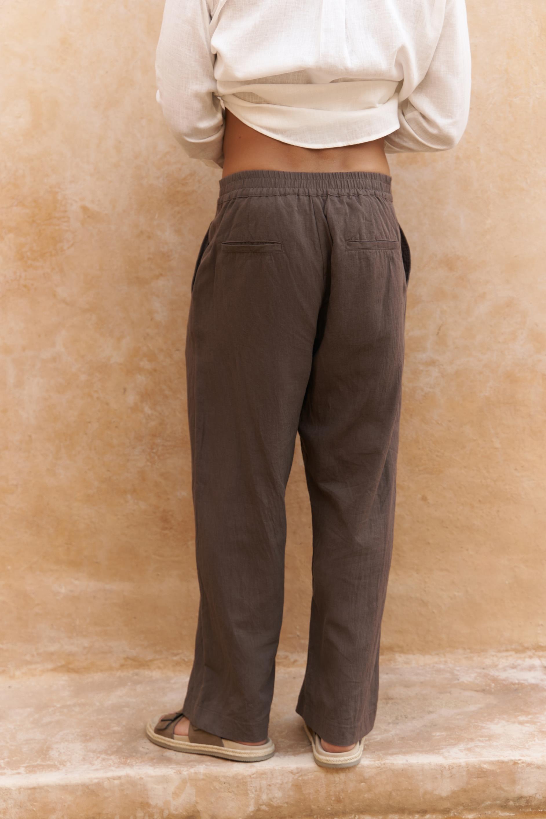 Fyfaha Bol Paça Erkek Kahve Keten Pantolon