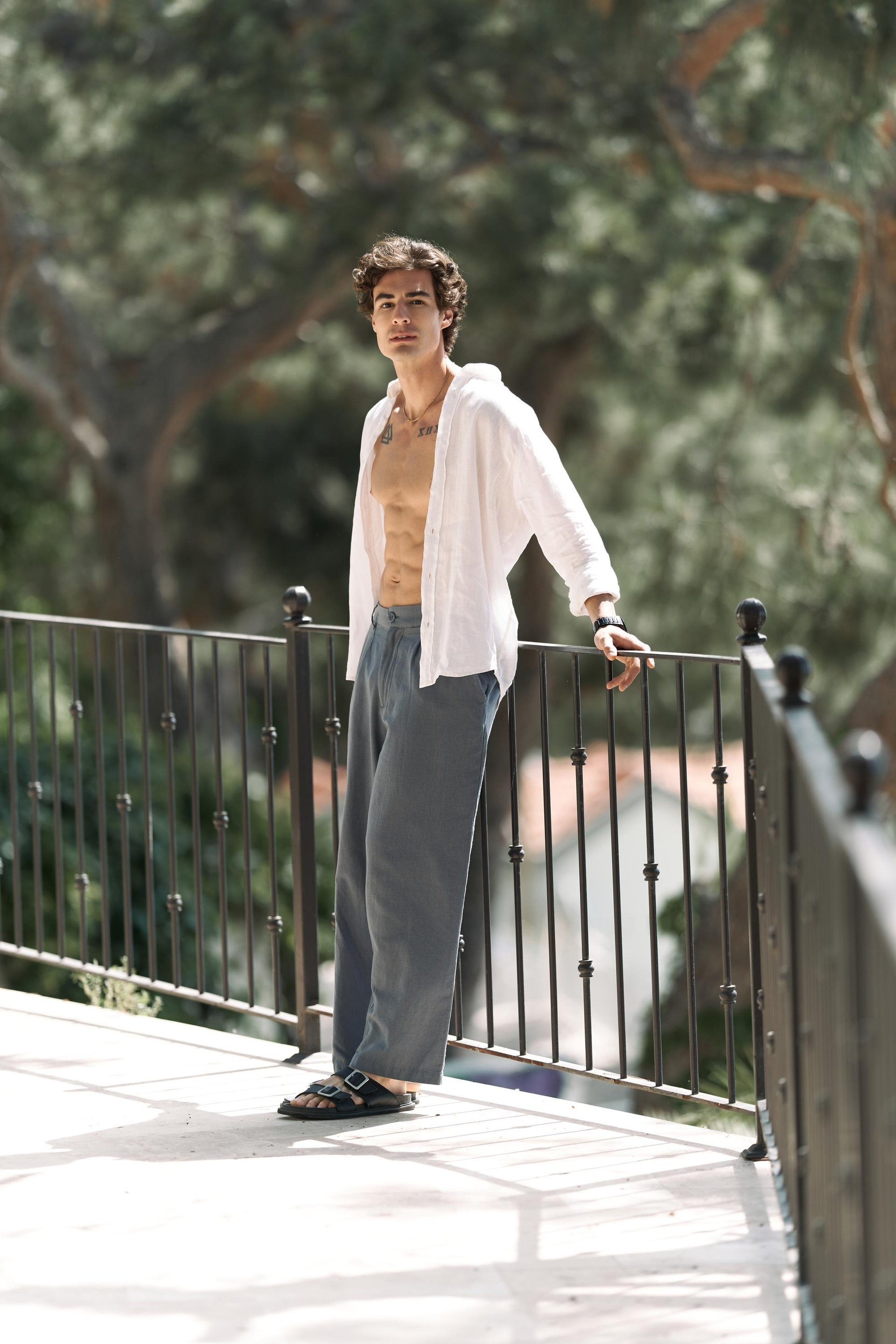 Fyfaha Bol Paça İndigo Erkek Keten Pantolon