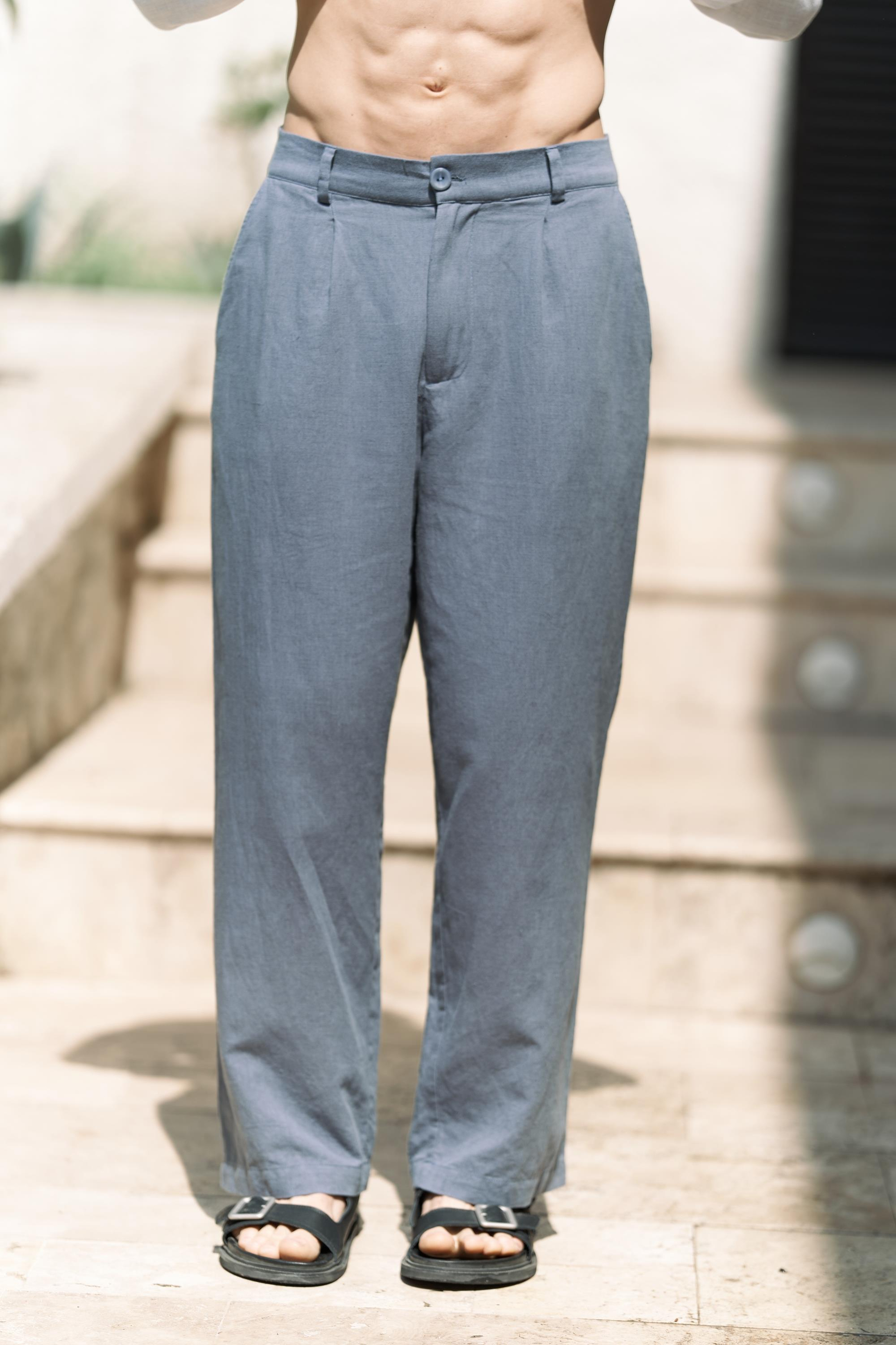 Fyfaha Bol Paça İndigo Erkek Keten Pantolon