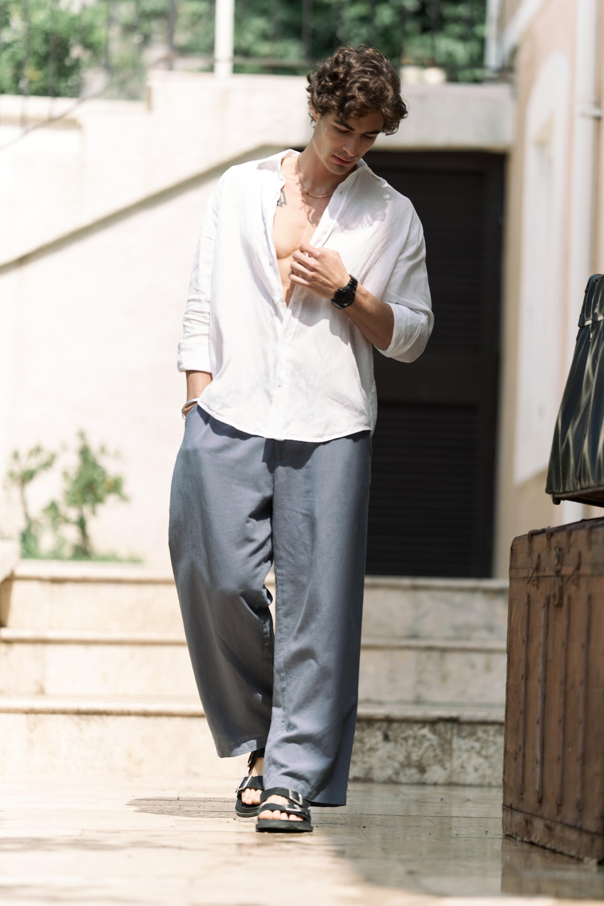 Fyfaha Bol Paça İndigo Erkek Keten Pantolon