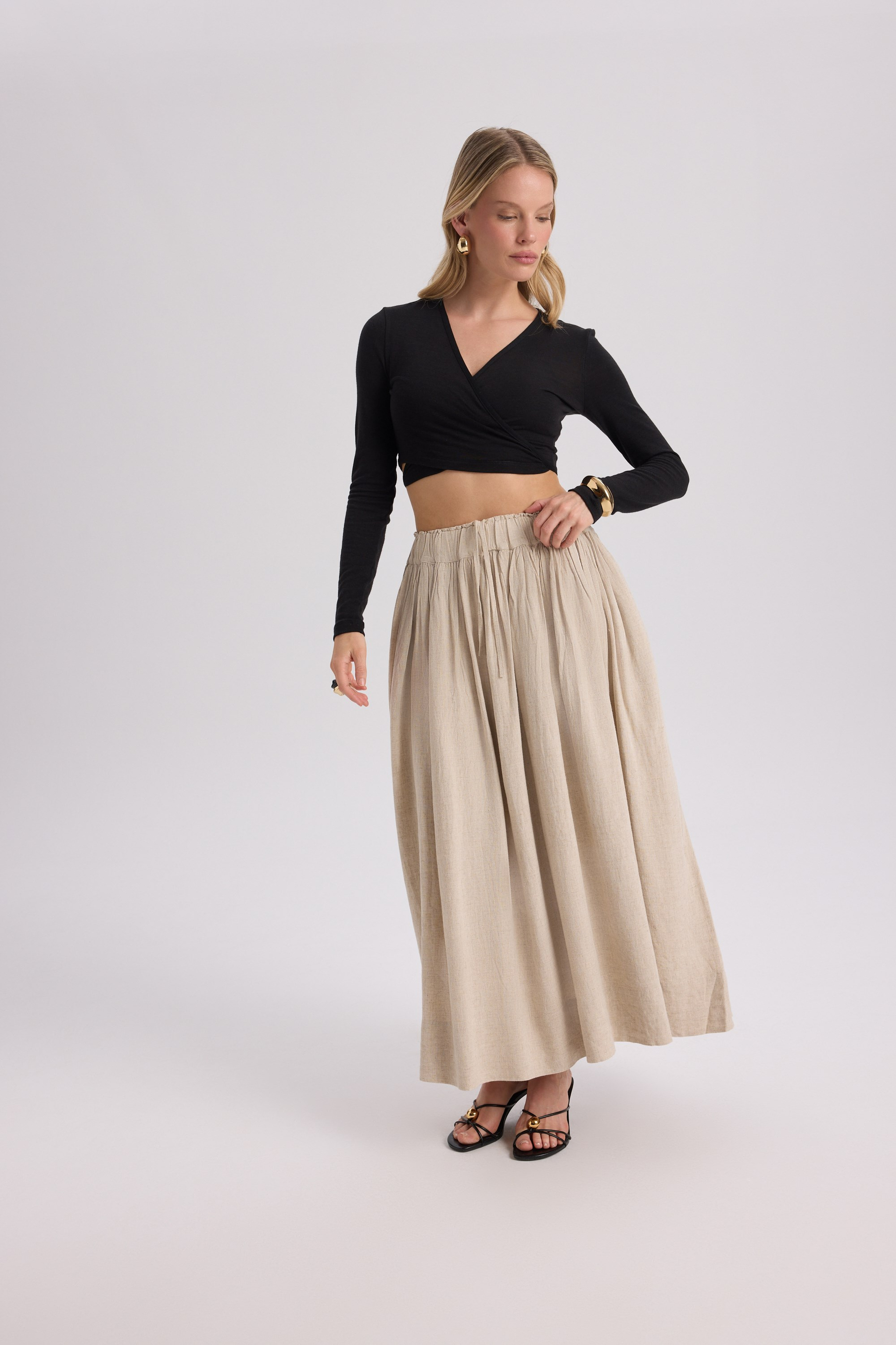 Gabbiano Lace-Up Pleated Beige Linen Skirt