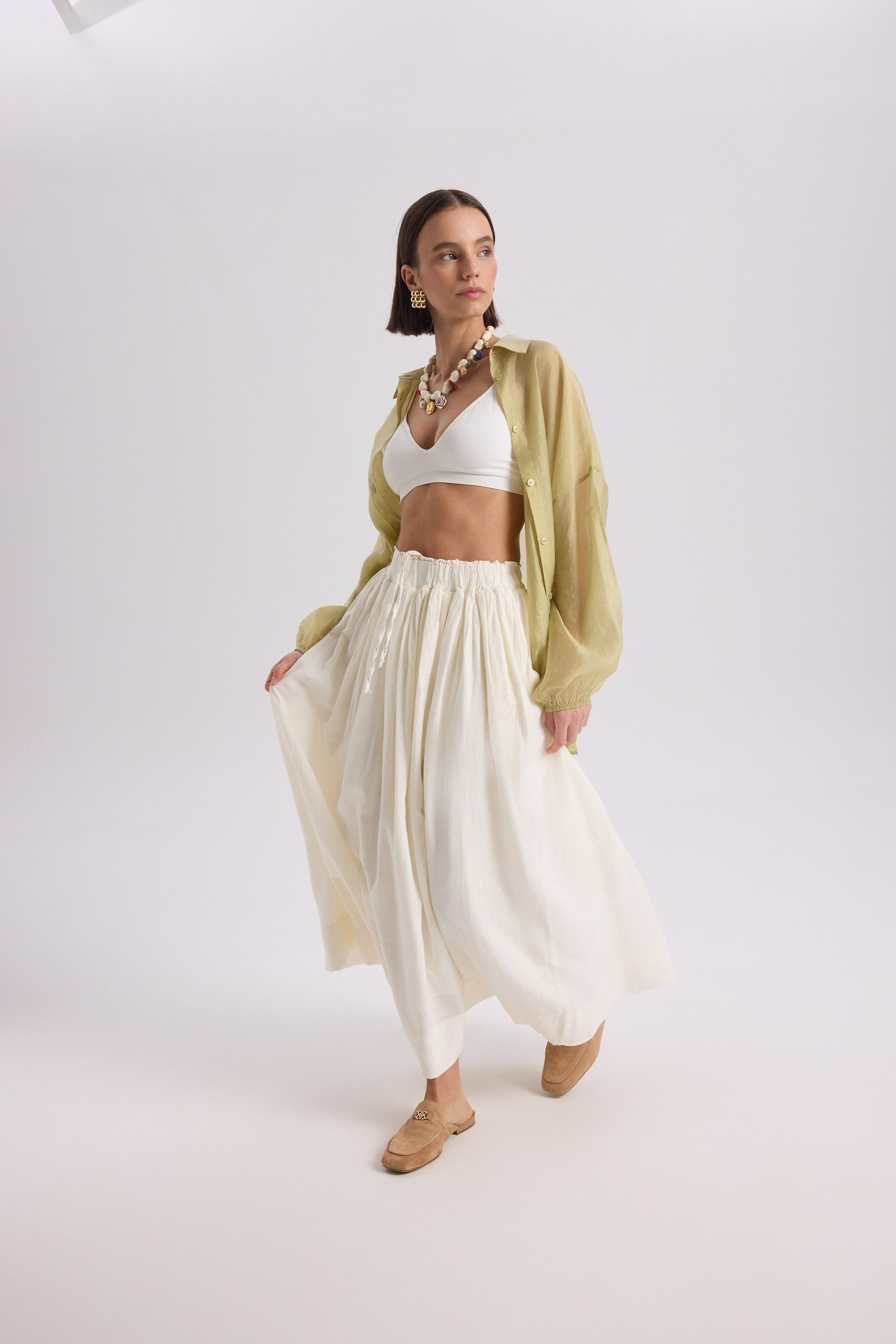 Gabbiano Lace-Up Pleated Ecru Linen Skirt