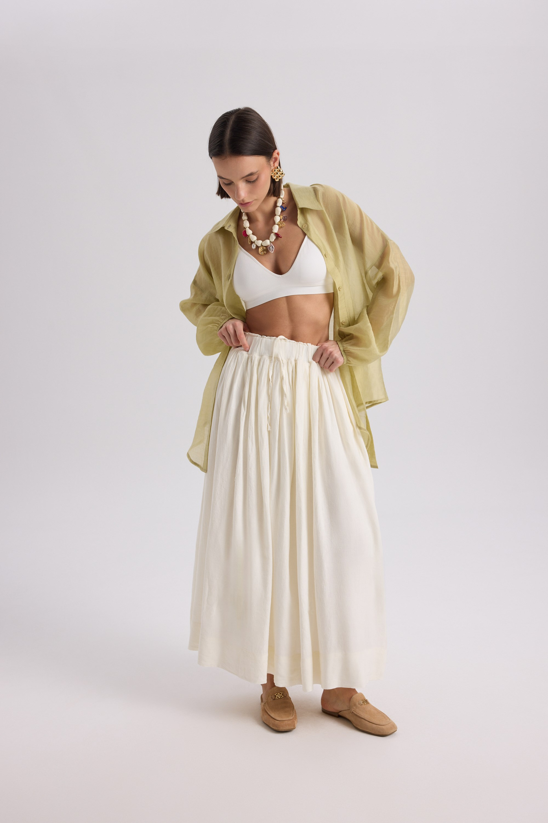 Gabbiano Lace-Up Pleated Ecru Linen Skirt