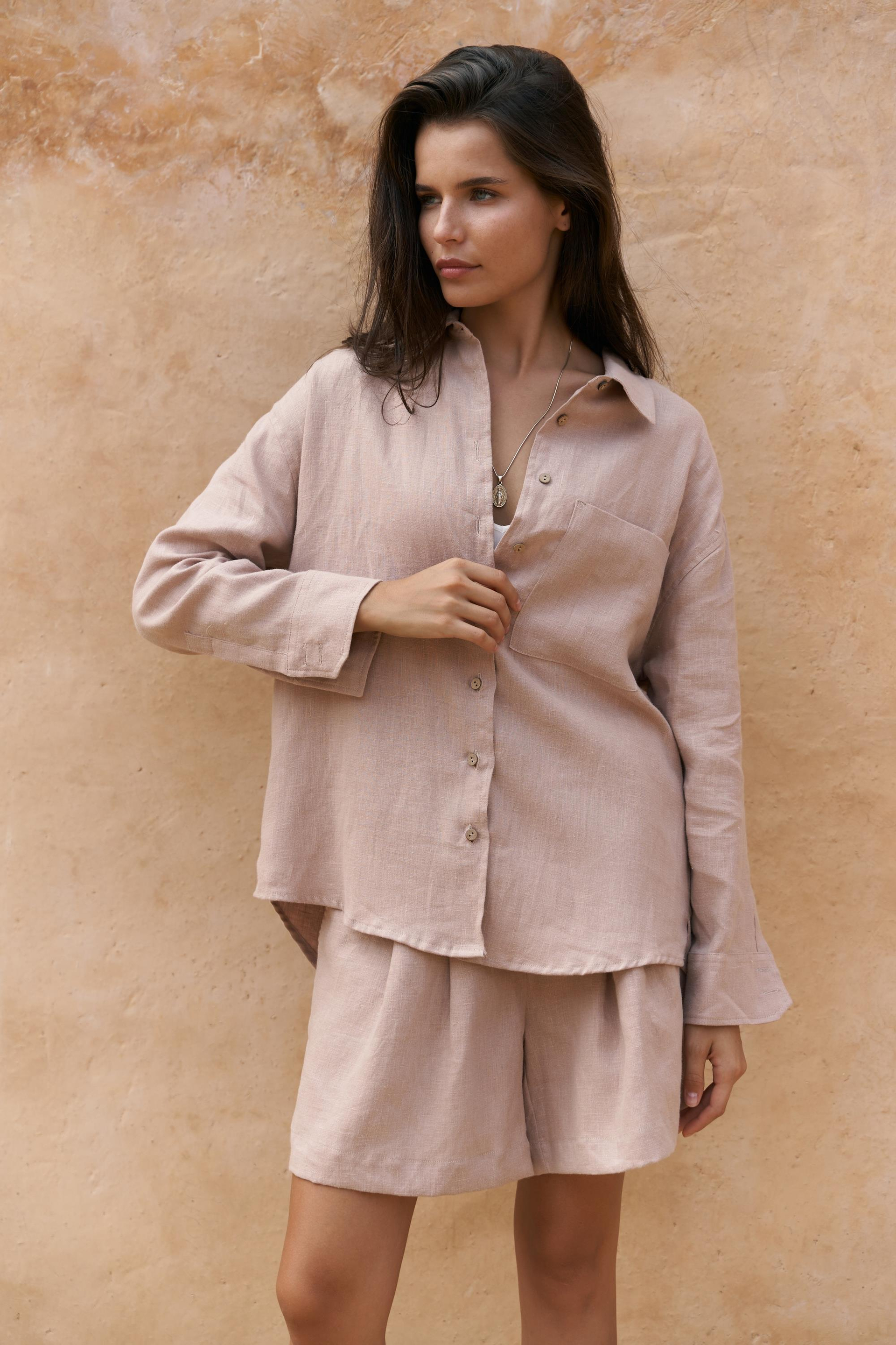 Gaelil Oversize Vizon Keten Gömlek Şort Takım