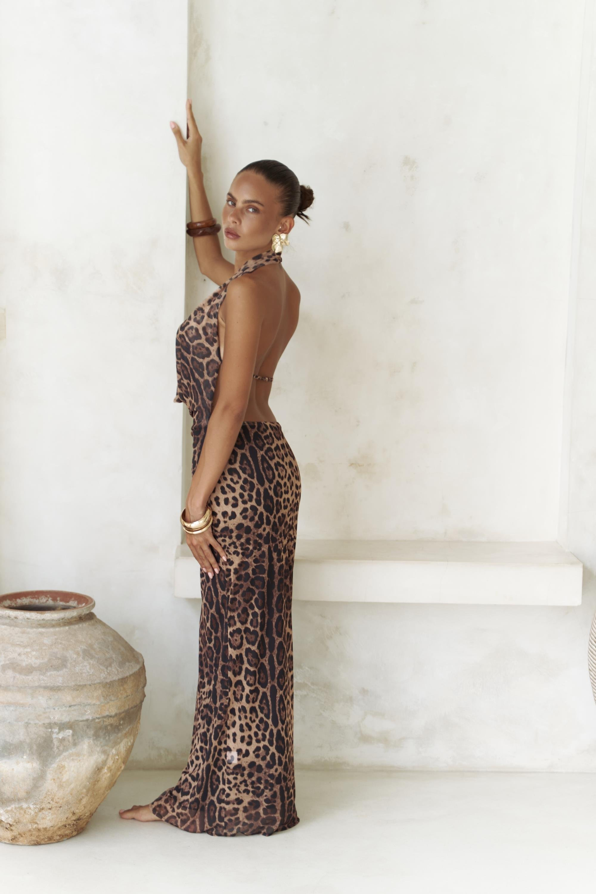 Galagher Degaje Leopar Desen Uzun Elbise