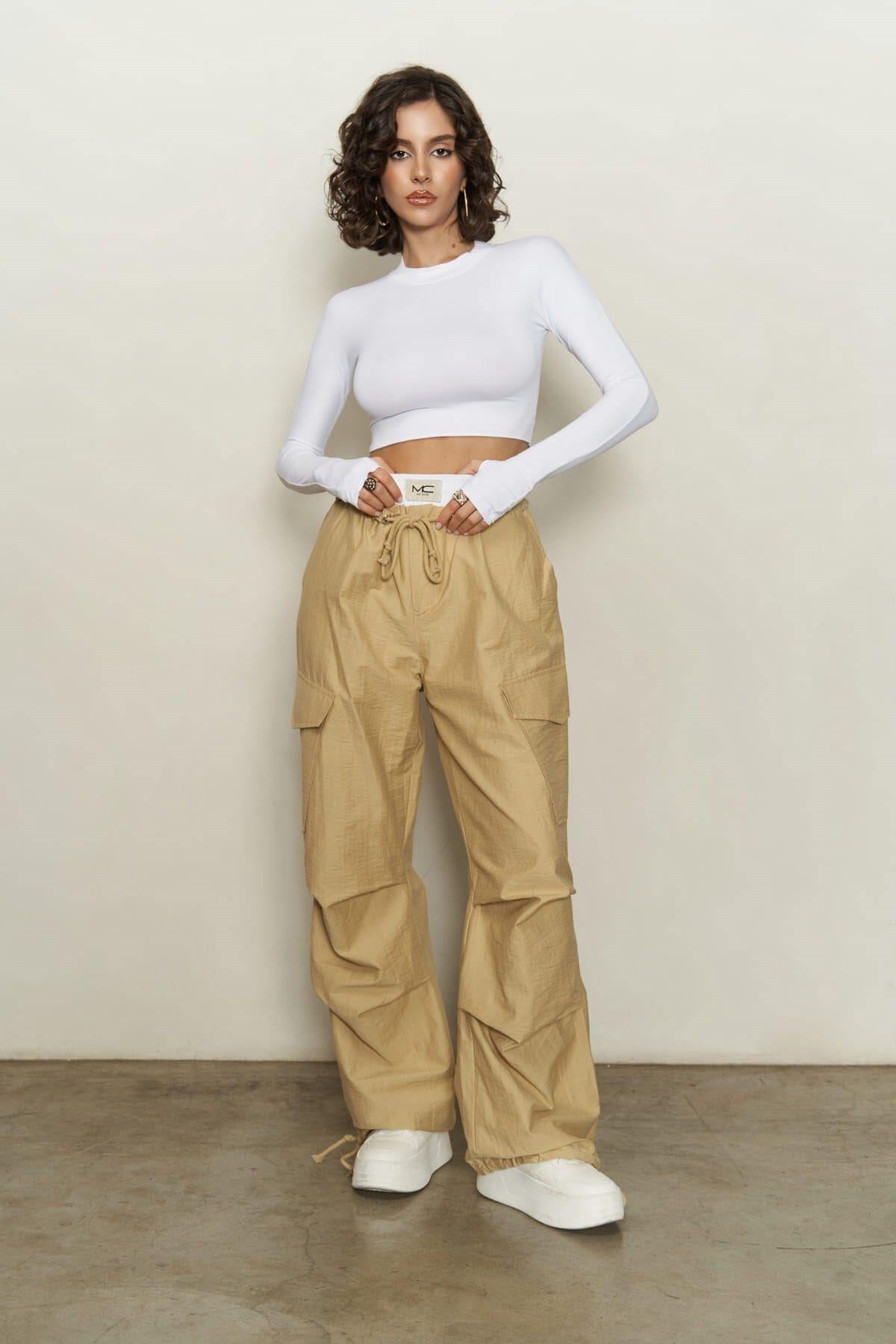 Galvin Boxer Detailed Slim Fit Beige Parachute Pants