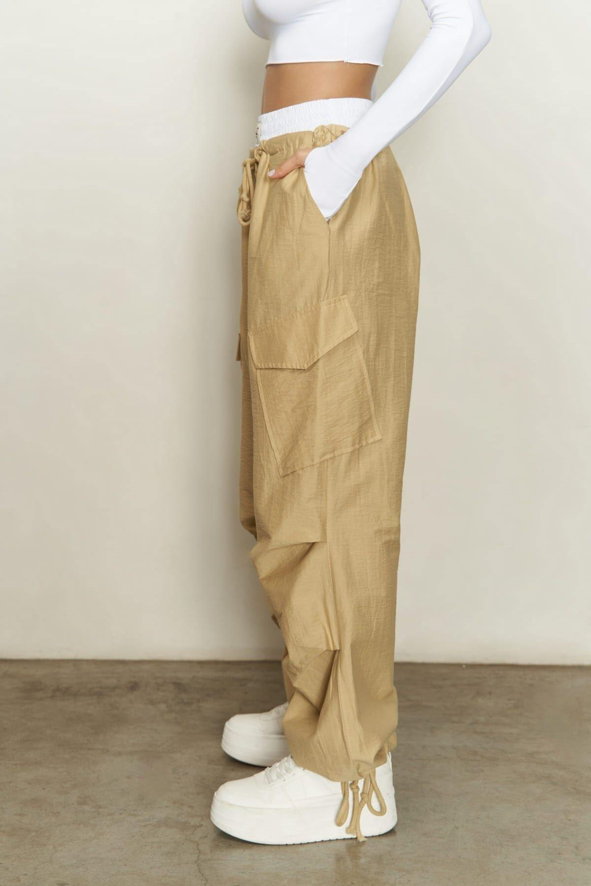 Galvin Boxer Detailed Slim Fit Beige Parachute Pants