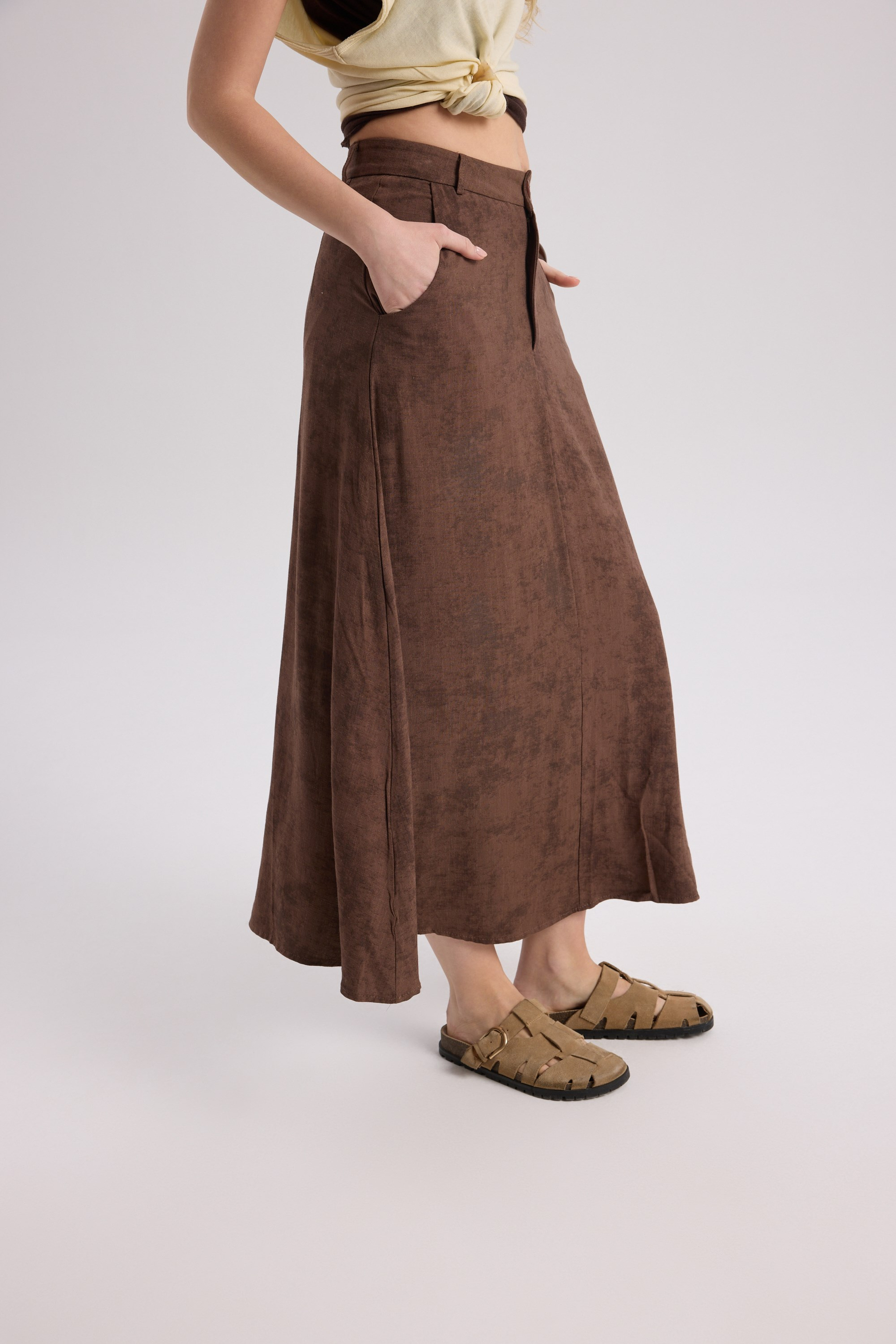 Garias Long With Pockets Tie-Dye Patterned Brown Skirt