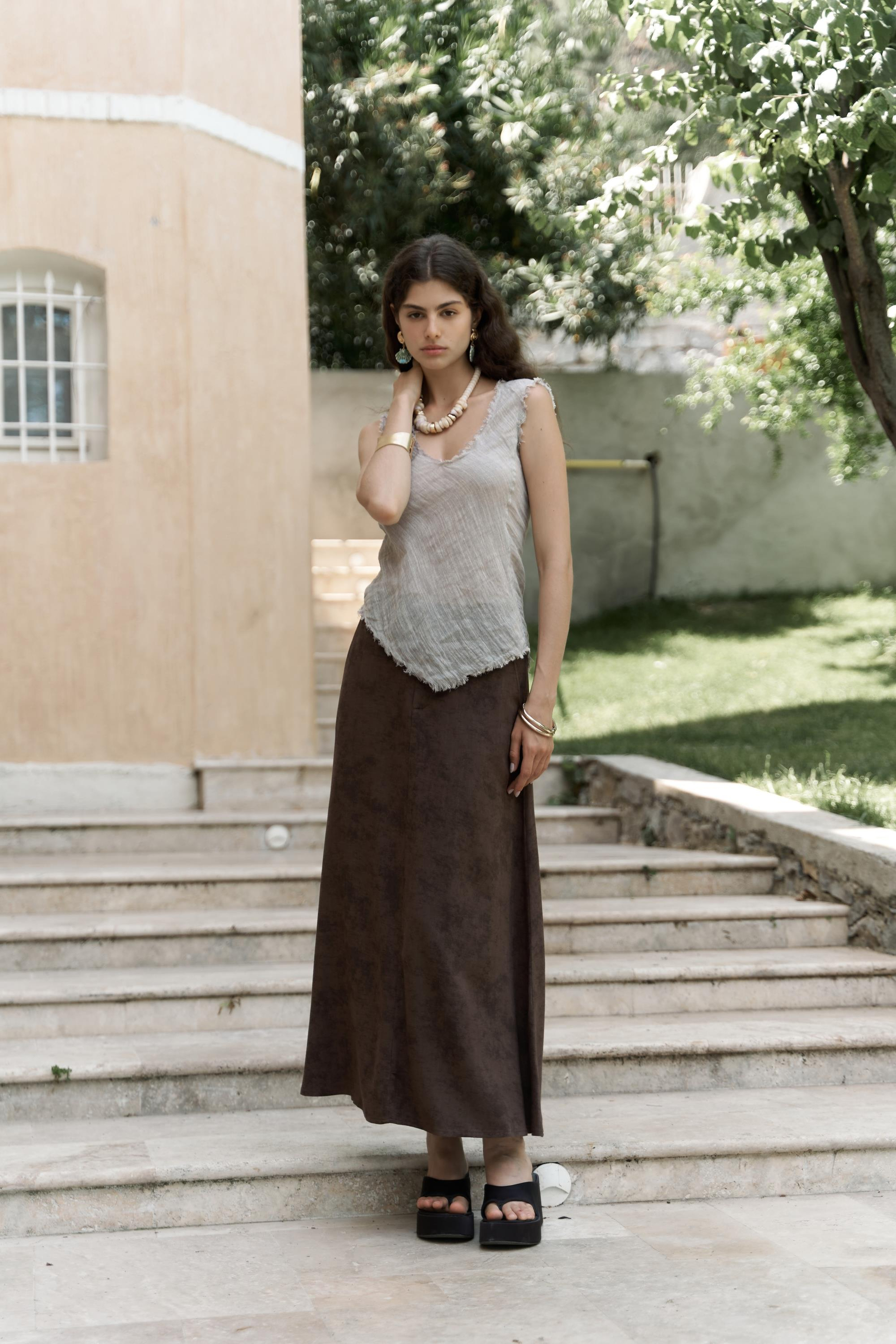 Garias Cepli Uzun Batik Desenli Kahve Etek