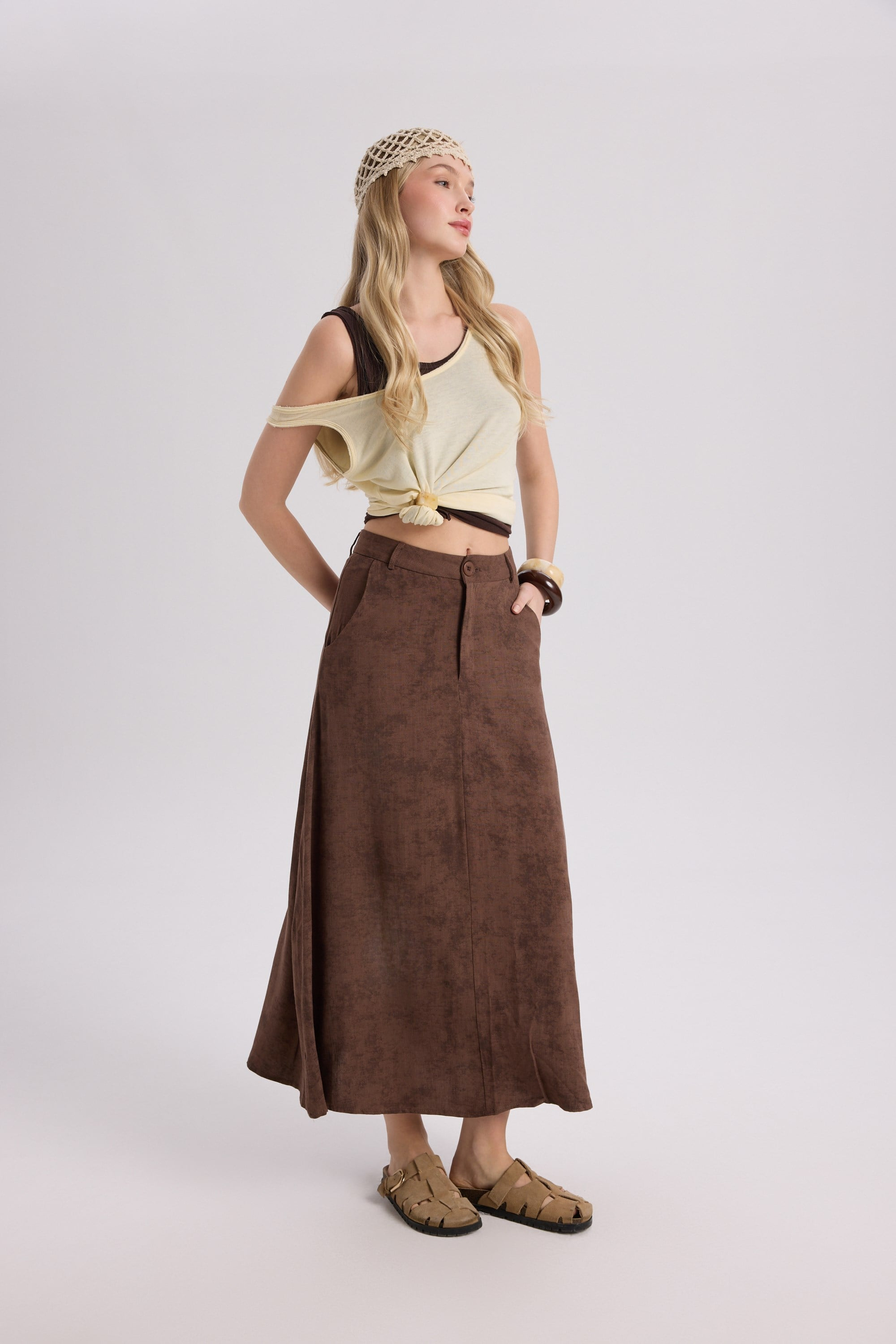 Garias Long With Pockets Tie-Dye Patterned Brown Skirt