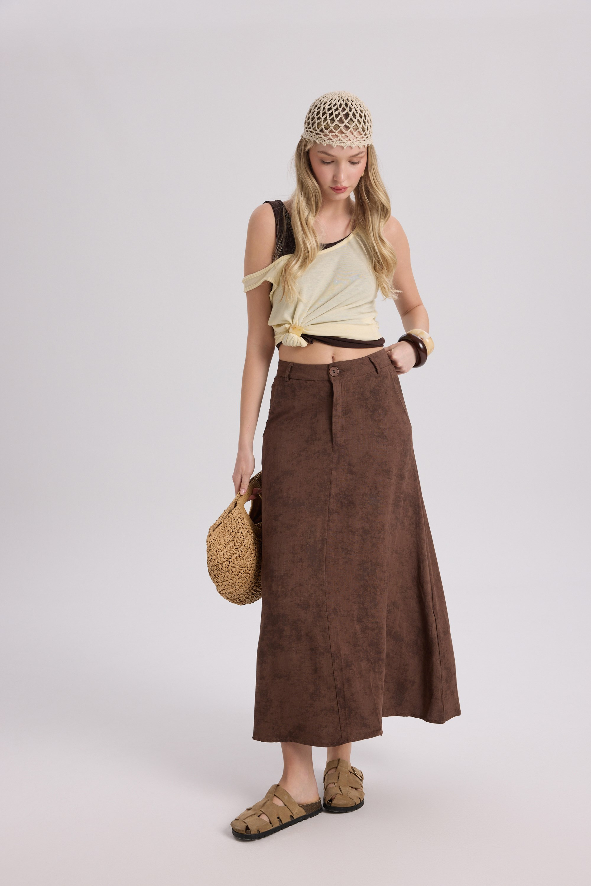 Garias Long With Pockets Tie-Dye Patterned Brown Skirt