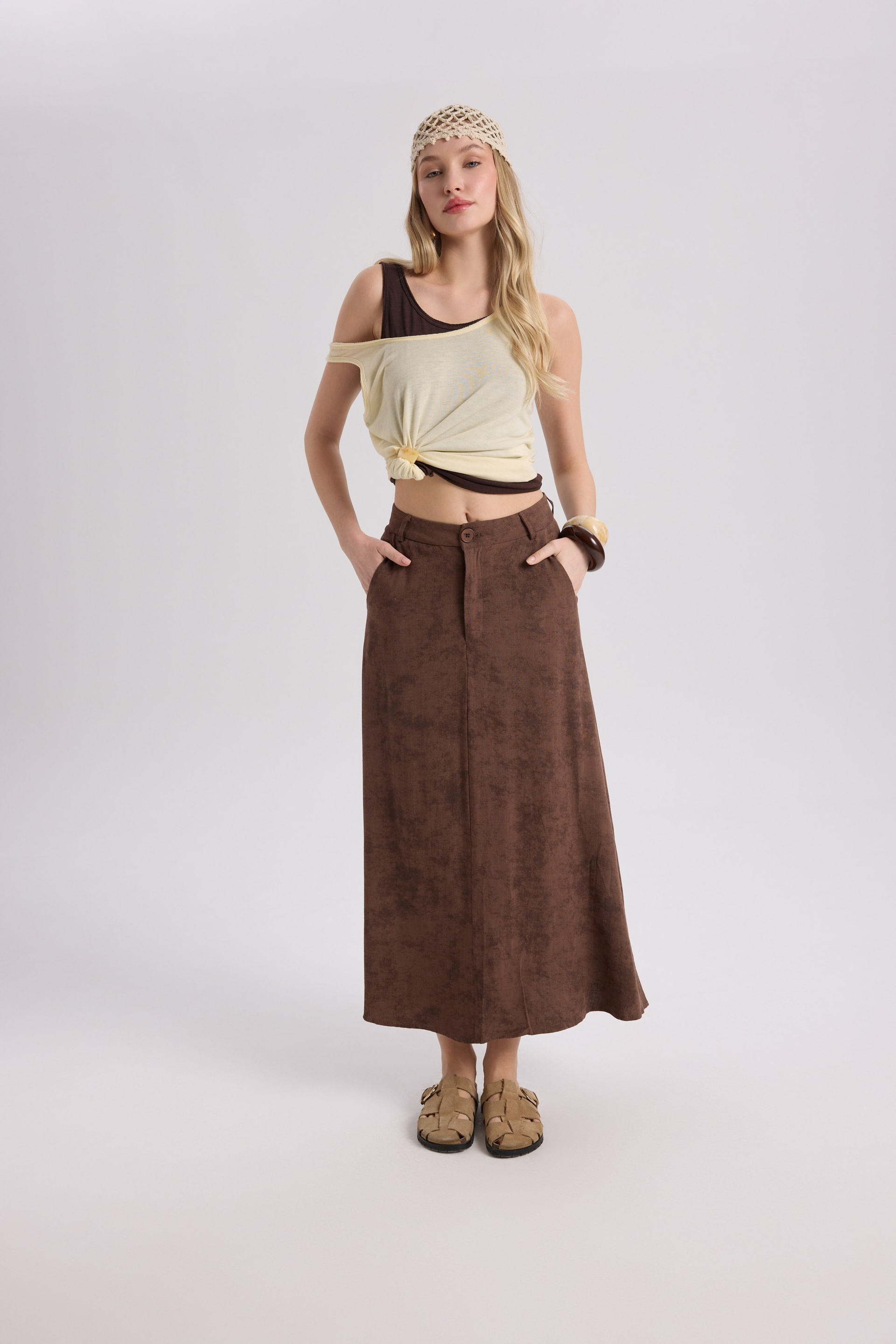 Garias Long With Pockets Tie-Dye Patterned Brown Skirt