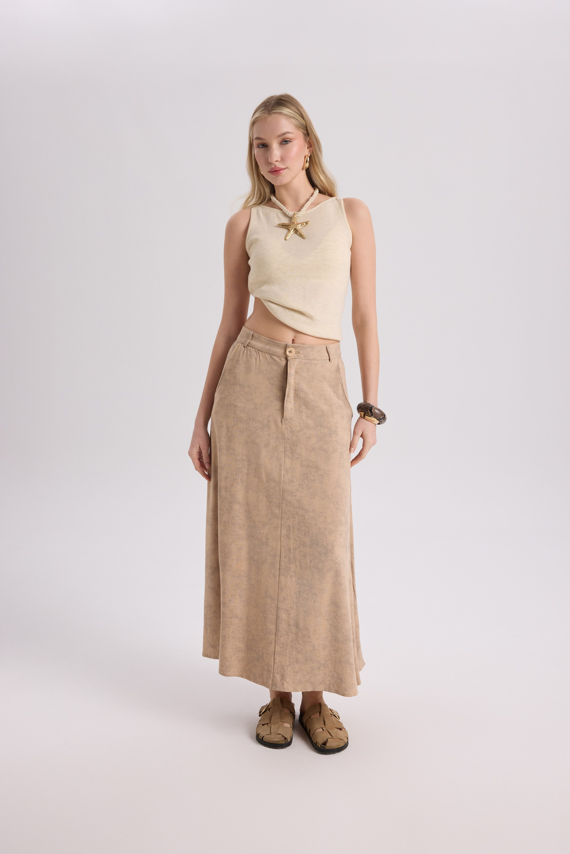 Garias Long With Pockets Tie-Dye Patterned Taupe Skirt