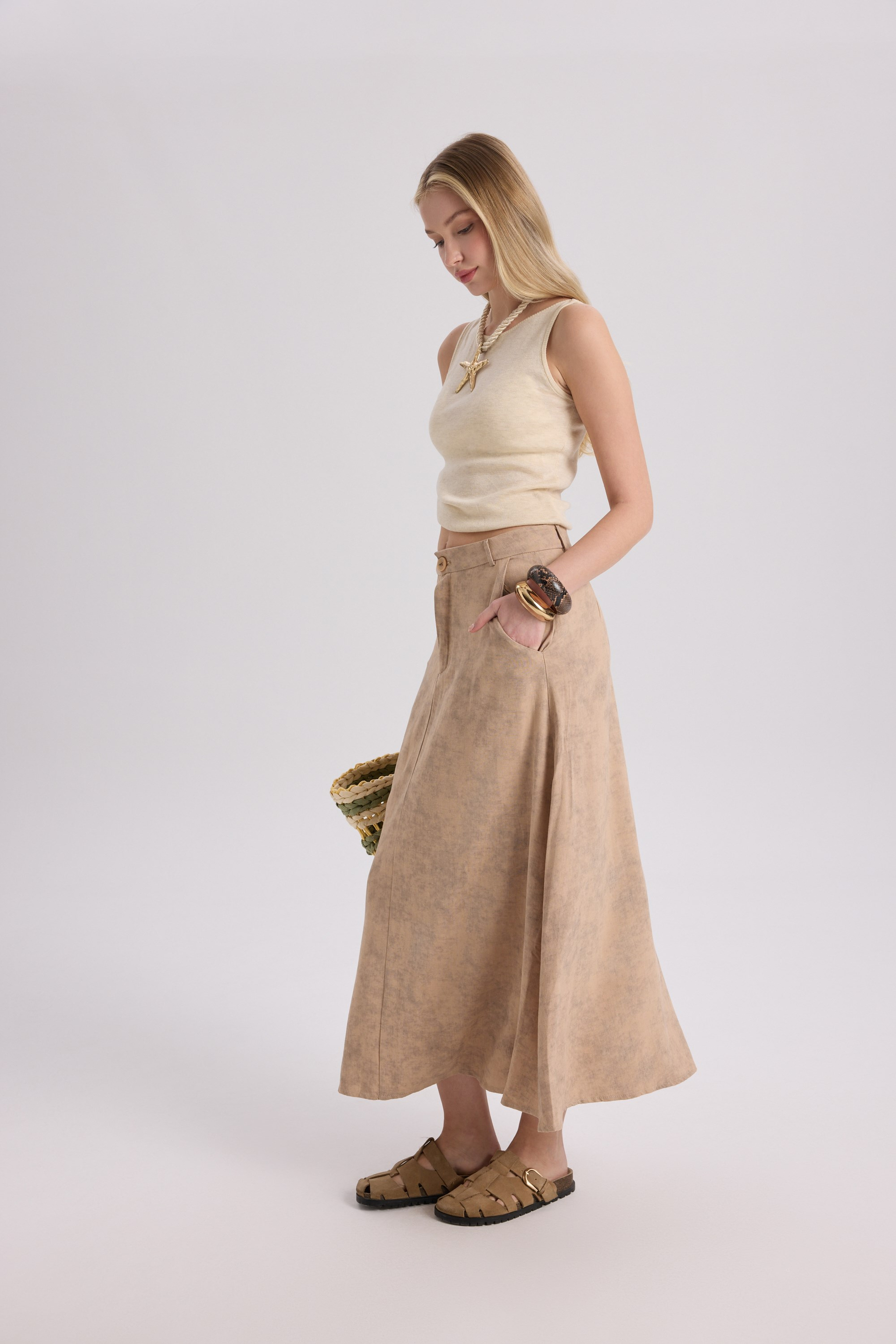 Garias Long With Pockets Tie-Dye Patterned Taupe Skirt