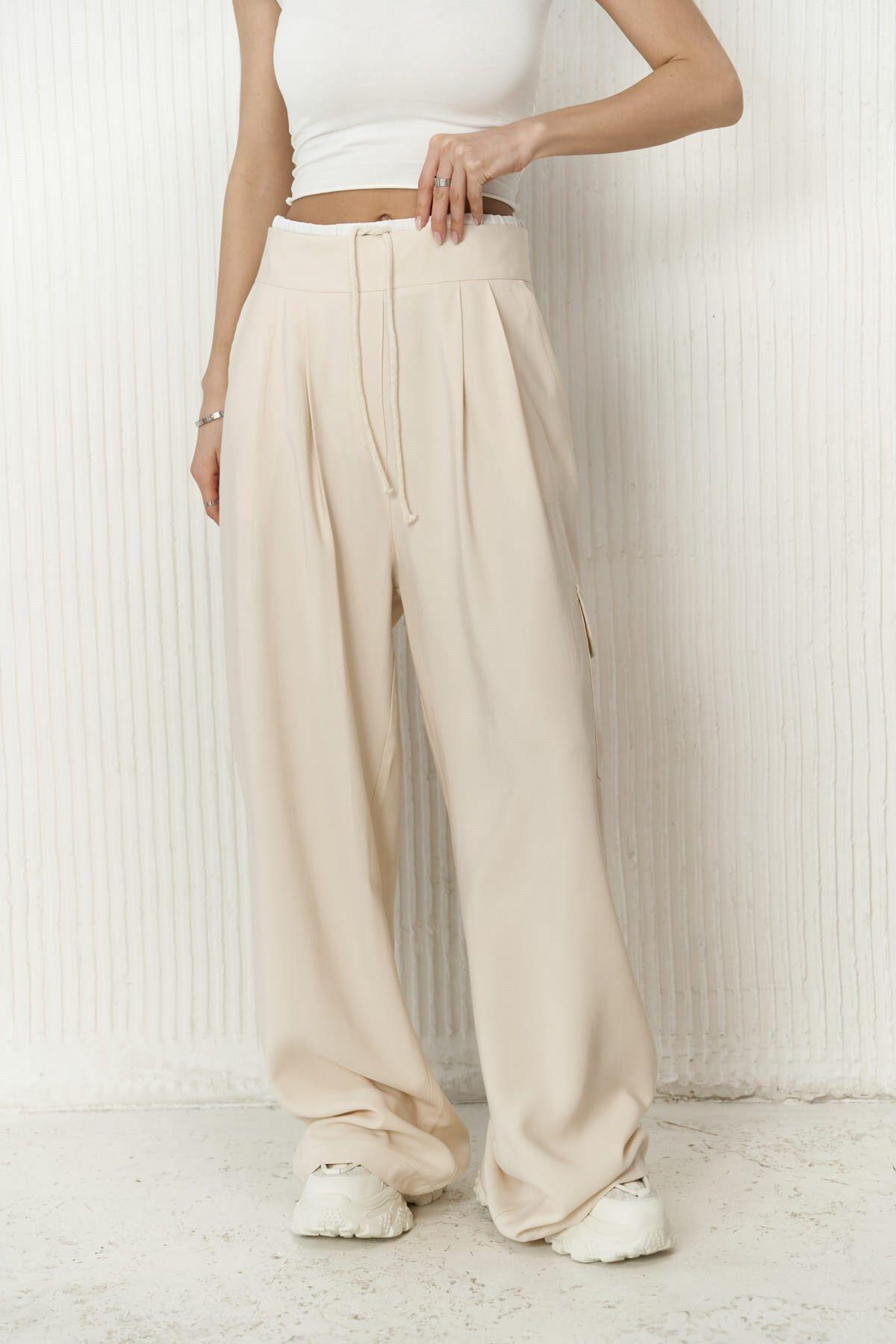 Gloria Beige Trousers with Boxer Detail