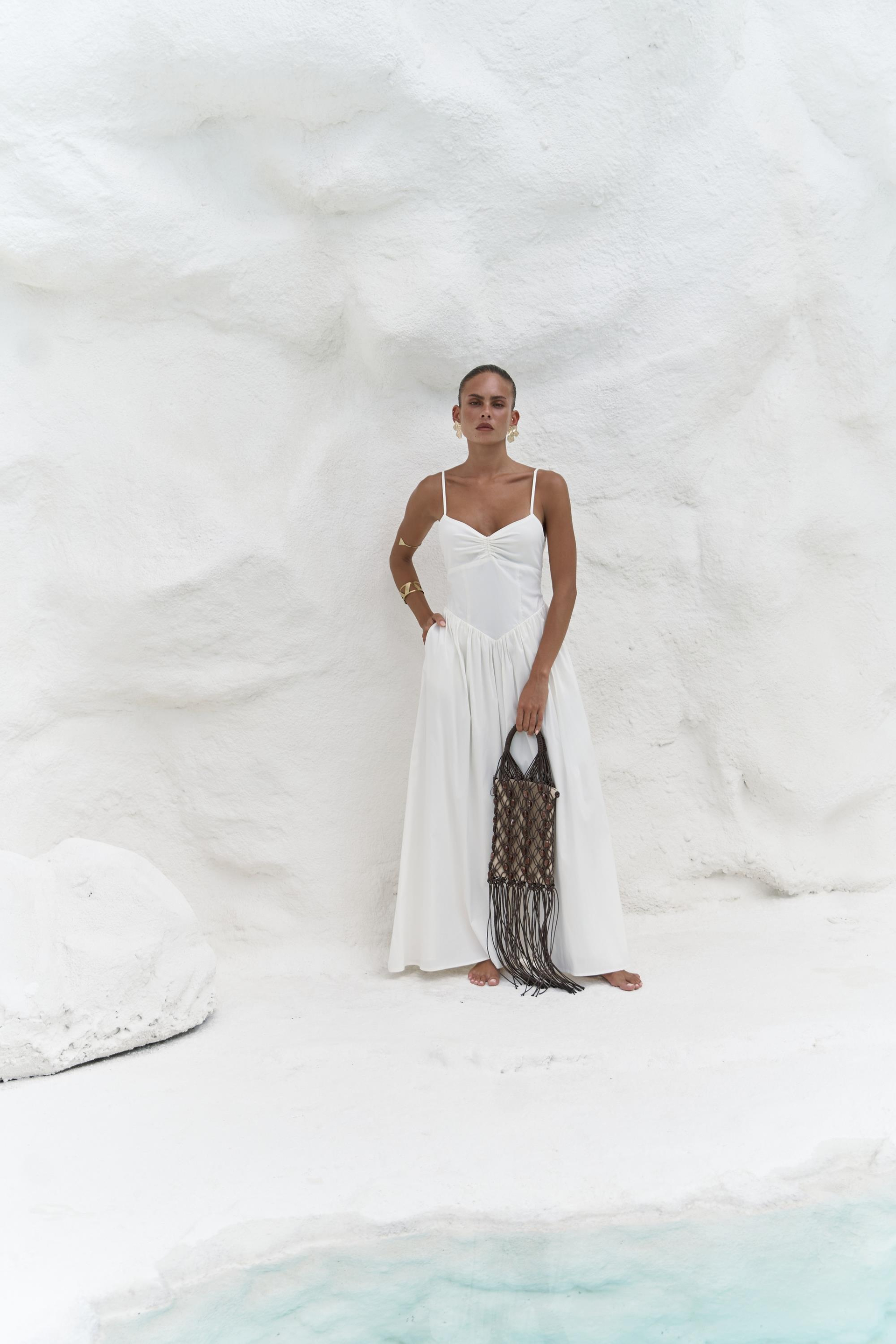 Hajar Askılı Ekru Uzun Elbise