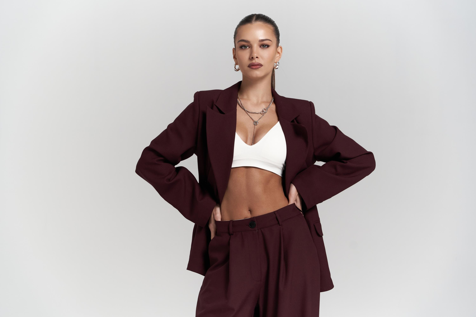 Halvyn Dar Kesim Blazer Bordo Takım