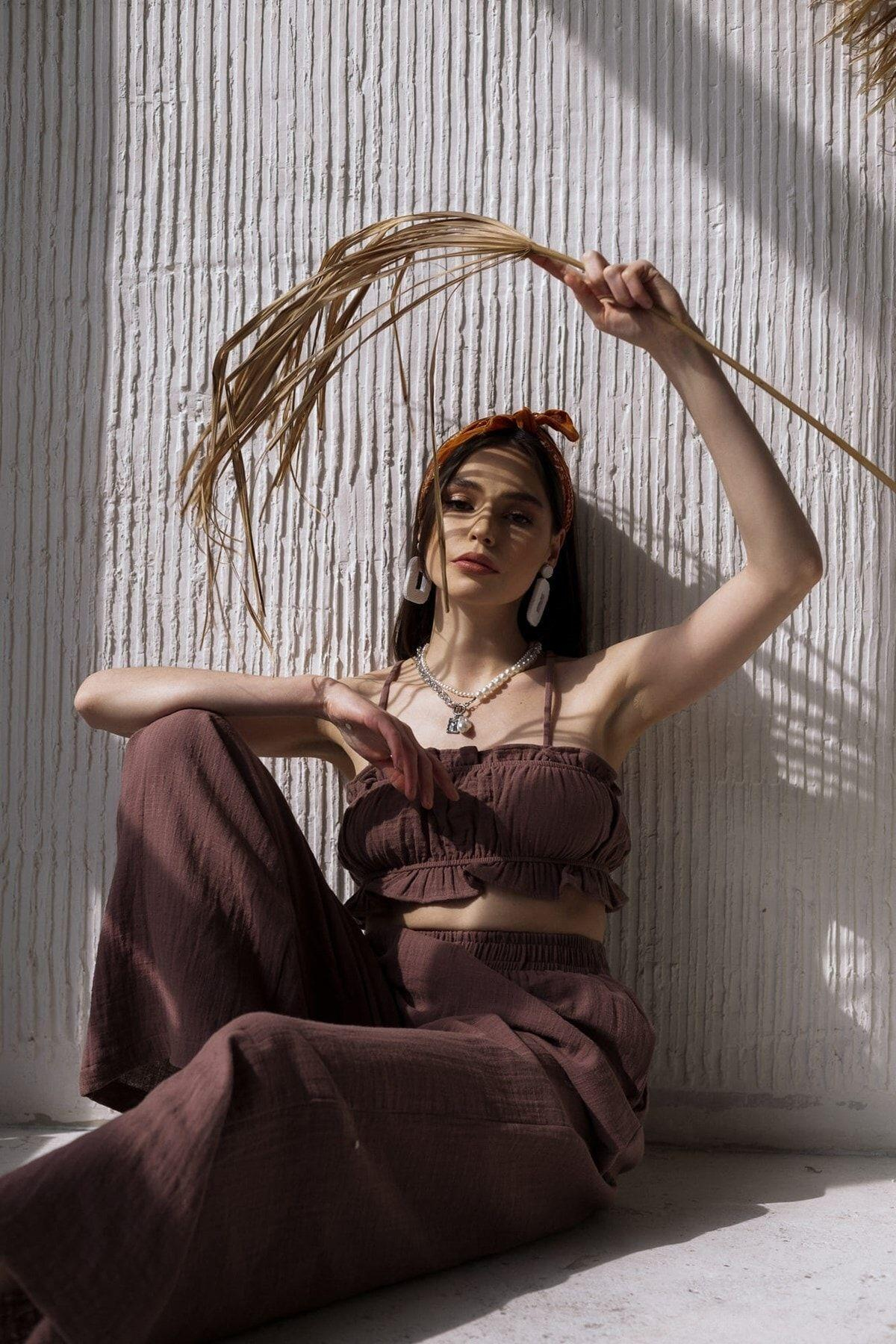 Bohemai Harvey Brown Muslin Crop-Trousers Set