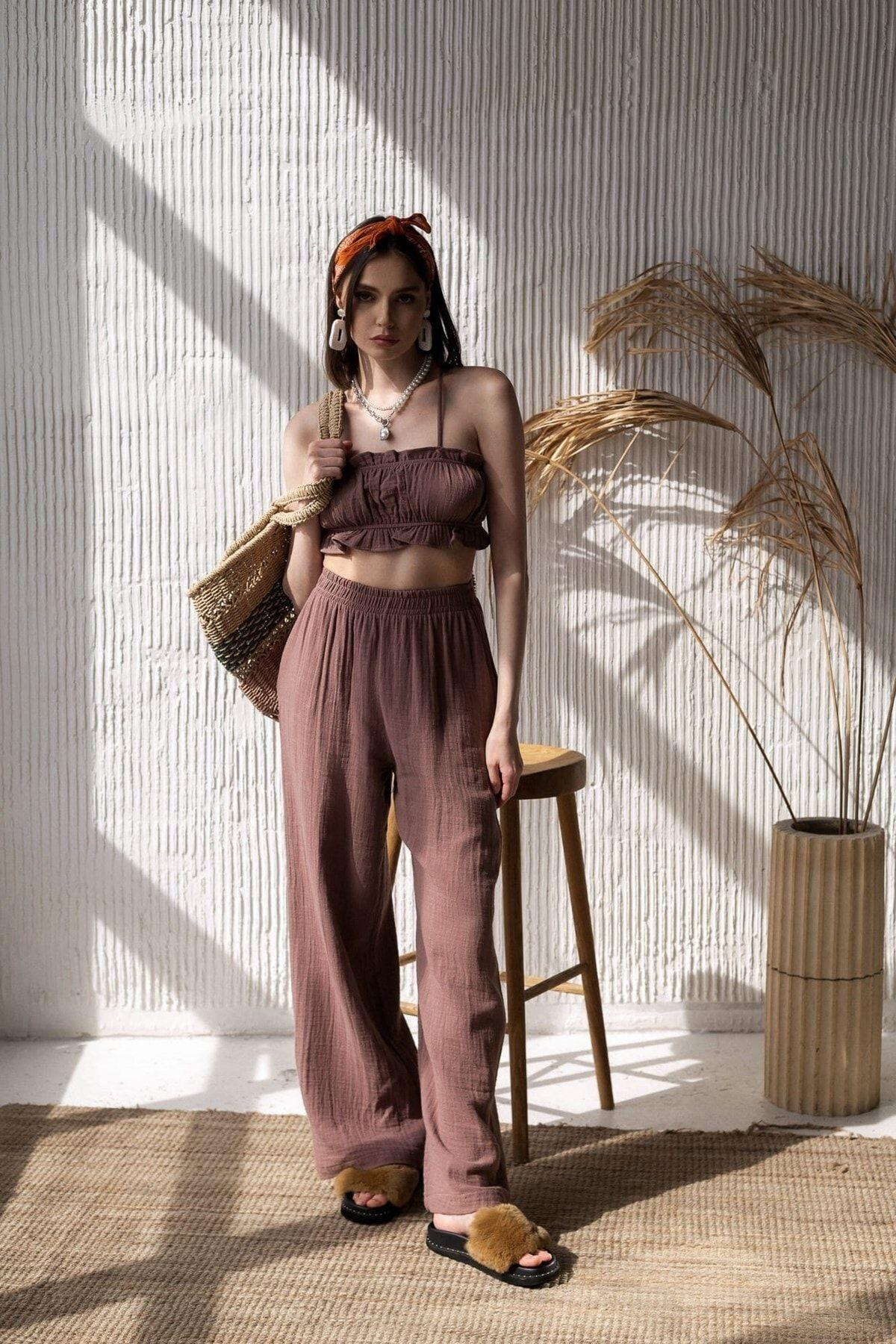 Bohemai Harvey Brown Muslin Crop-Trousers Set