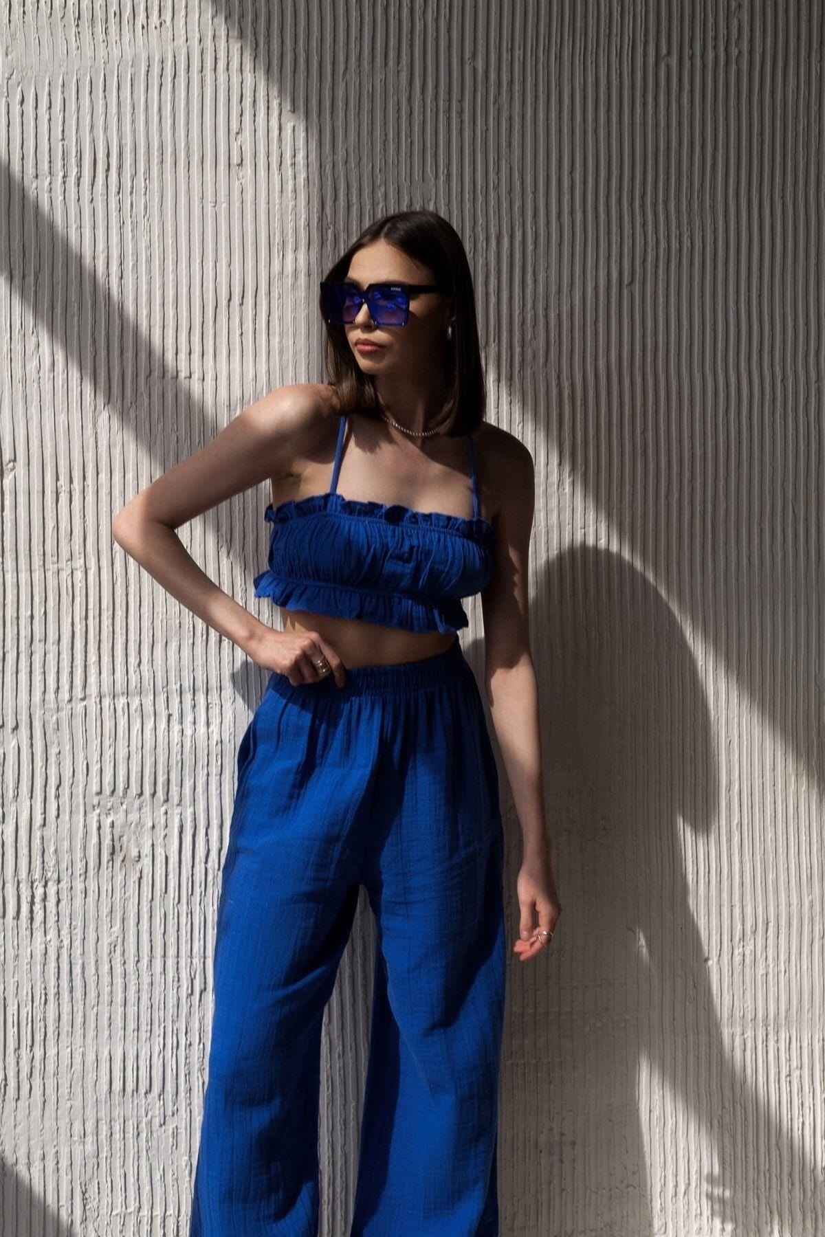 Bohemai Harvey Sax Blue Muslin Crop-Trousers Set