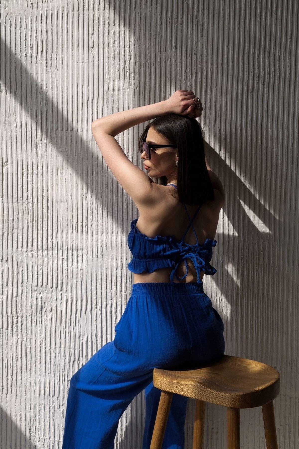 Bohemai Harvey Sax Blue Muslin Crop-Trousers Set