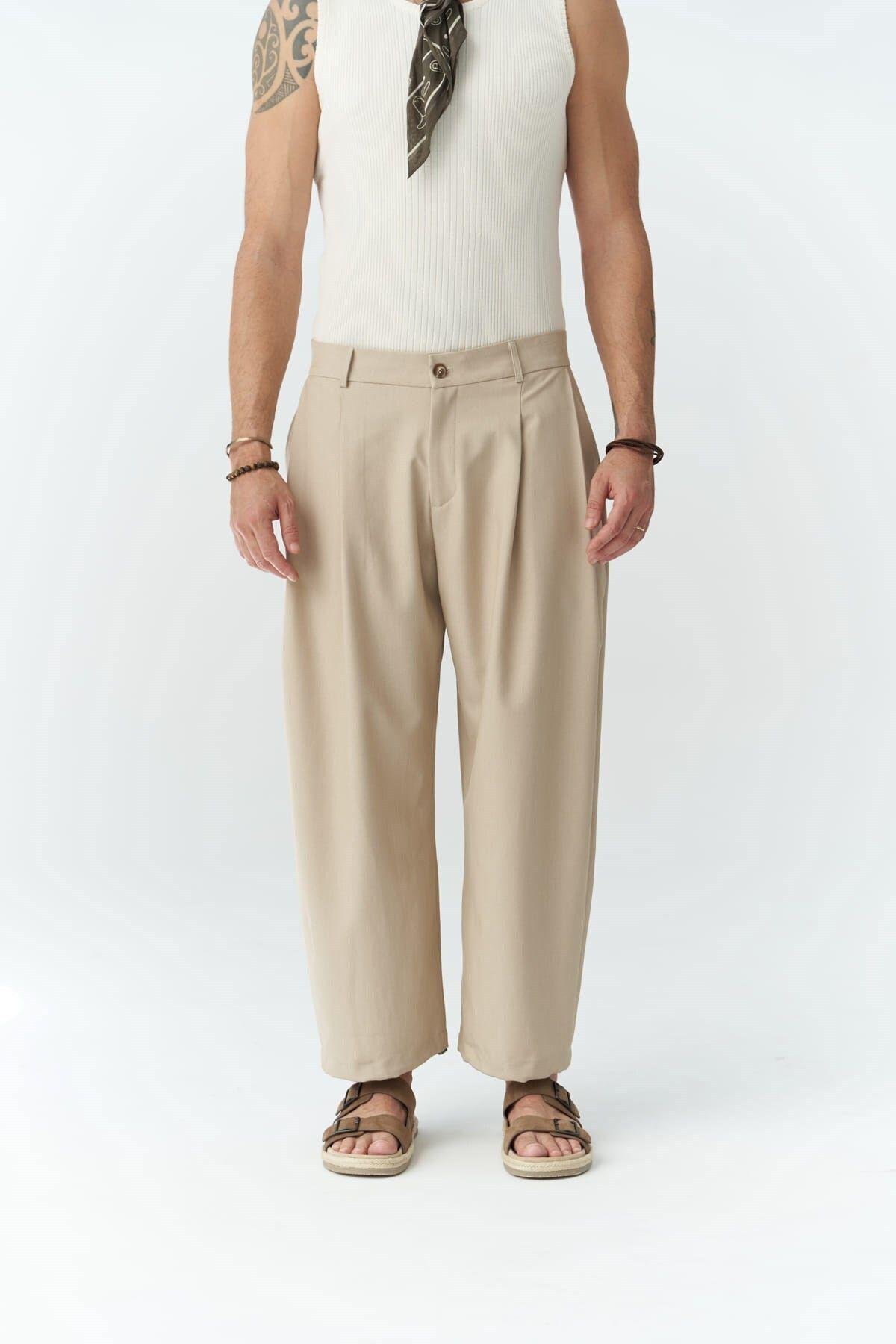 Hector Men's Wide Leg Beige Trousers