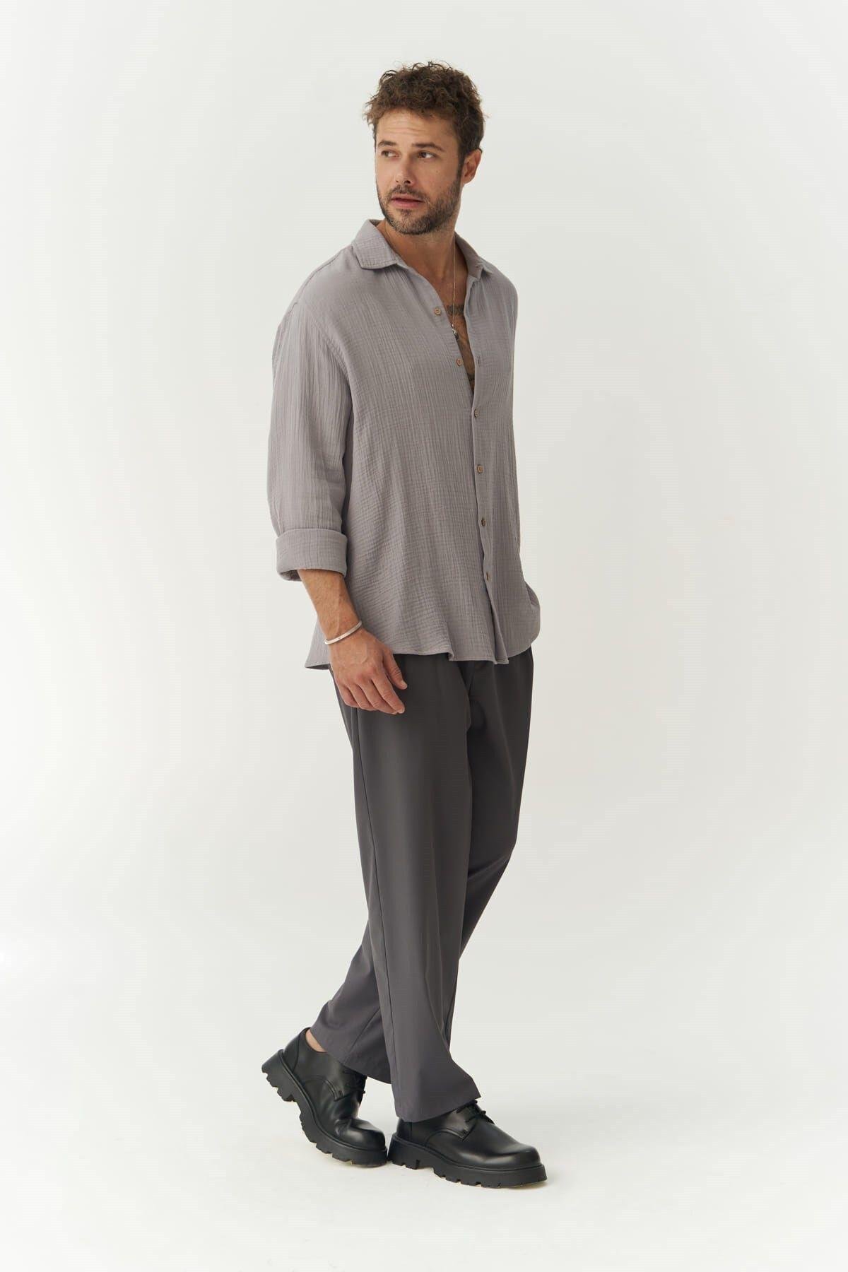 Herman Erkek Oversize Gri Müslin Gömlek