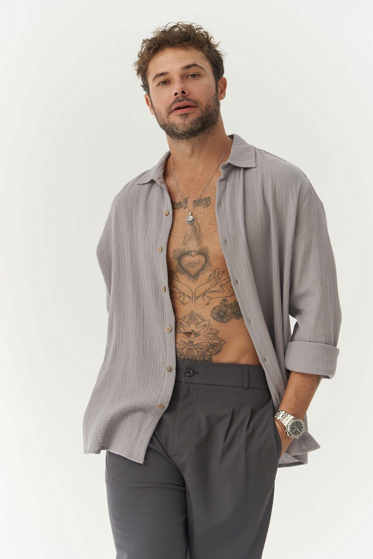 Herman Erkek Oversize Gri Müslin Gömlek