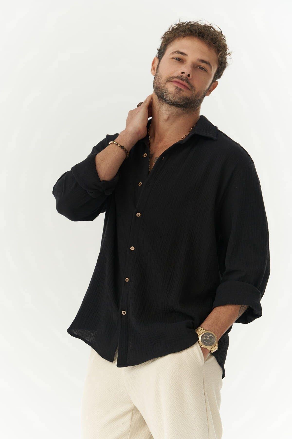 Herman Erkek Oversize Siyah Müslin Gömlek