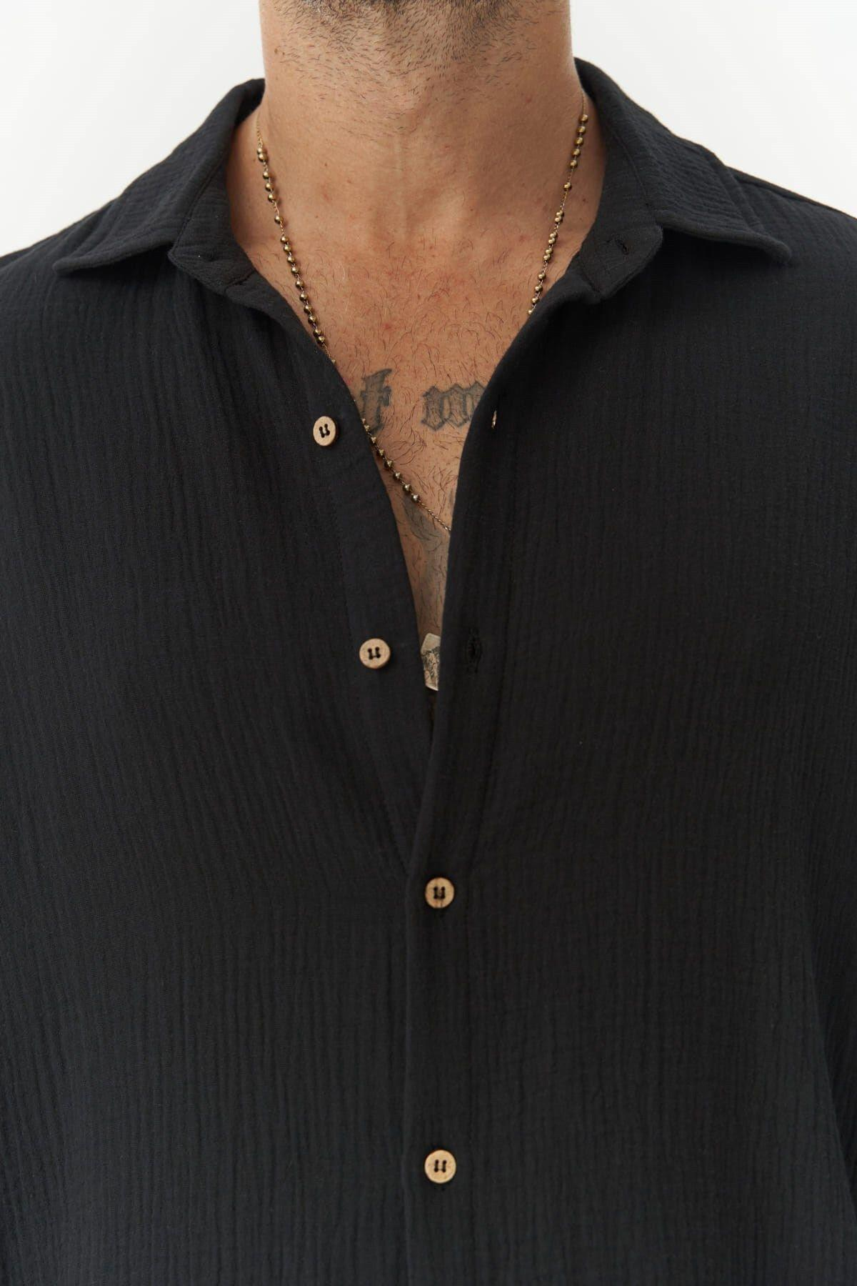 Herman Erkek Oversize Siyah Müslin Gömlek