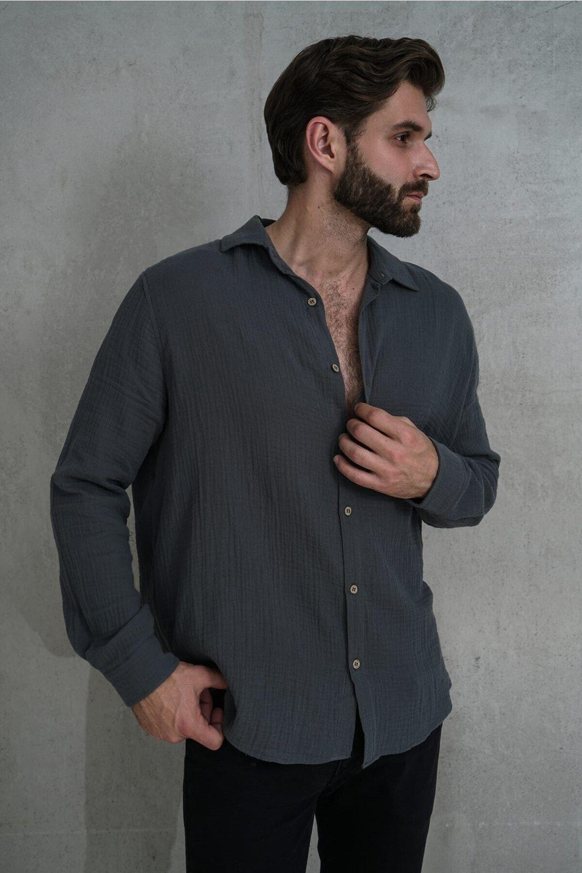 Bohemai Herman Men Oversize Anthracite Muslin Shirt