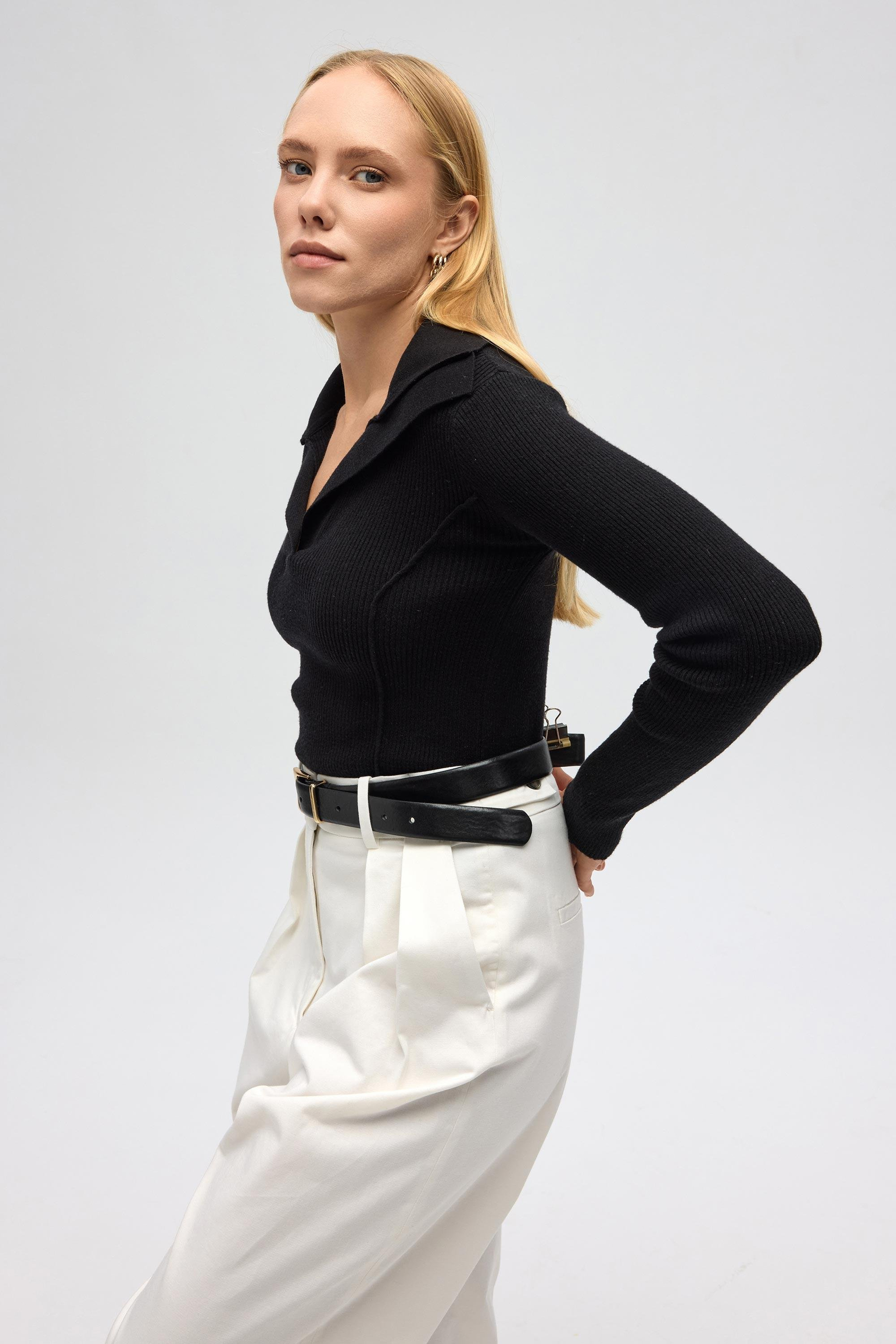 İnari Polo Yaka Siyah Triko Kazak