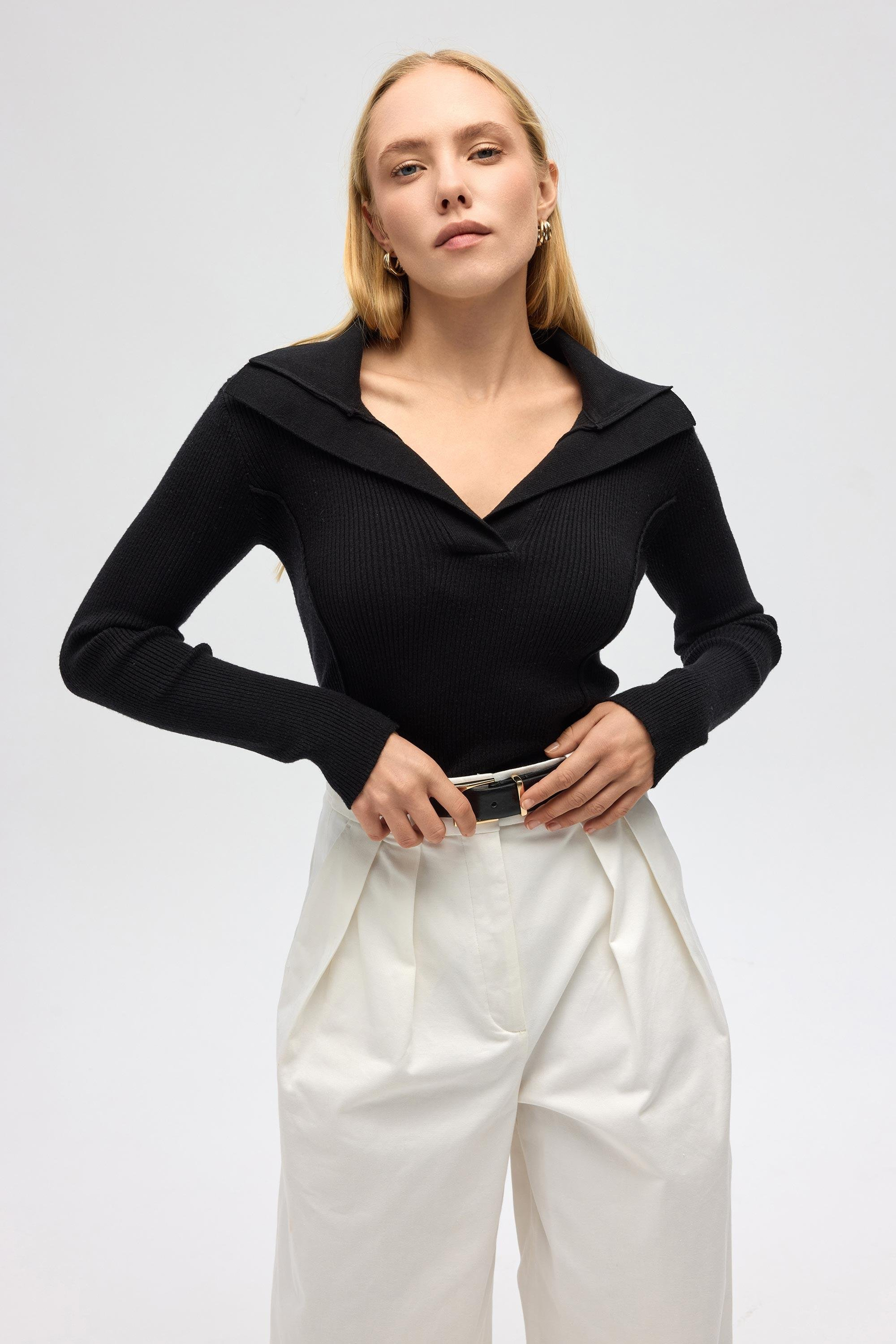 İnari Polo Yaka Siyah Triko Kazak