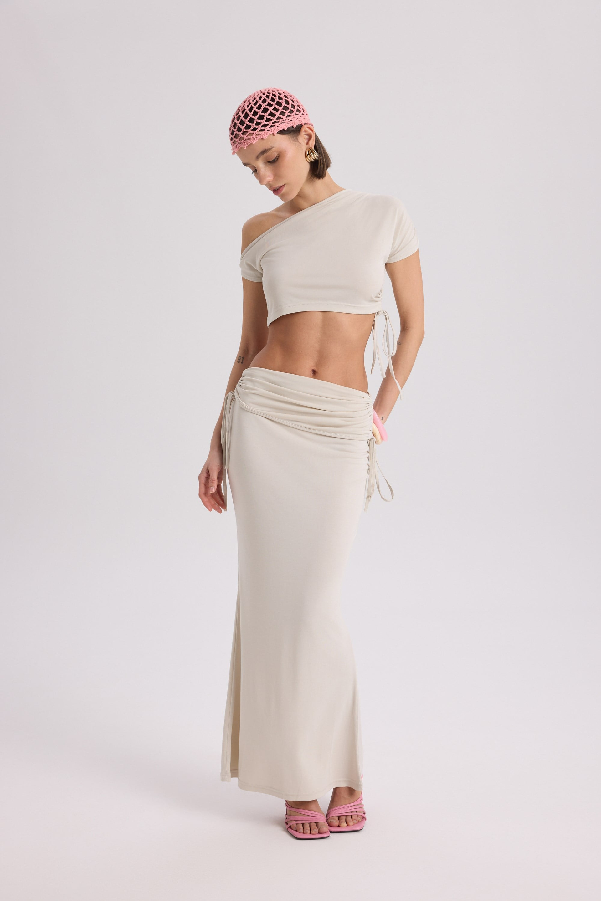 Ivan Ruched Beige Crop Skirt Set