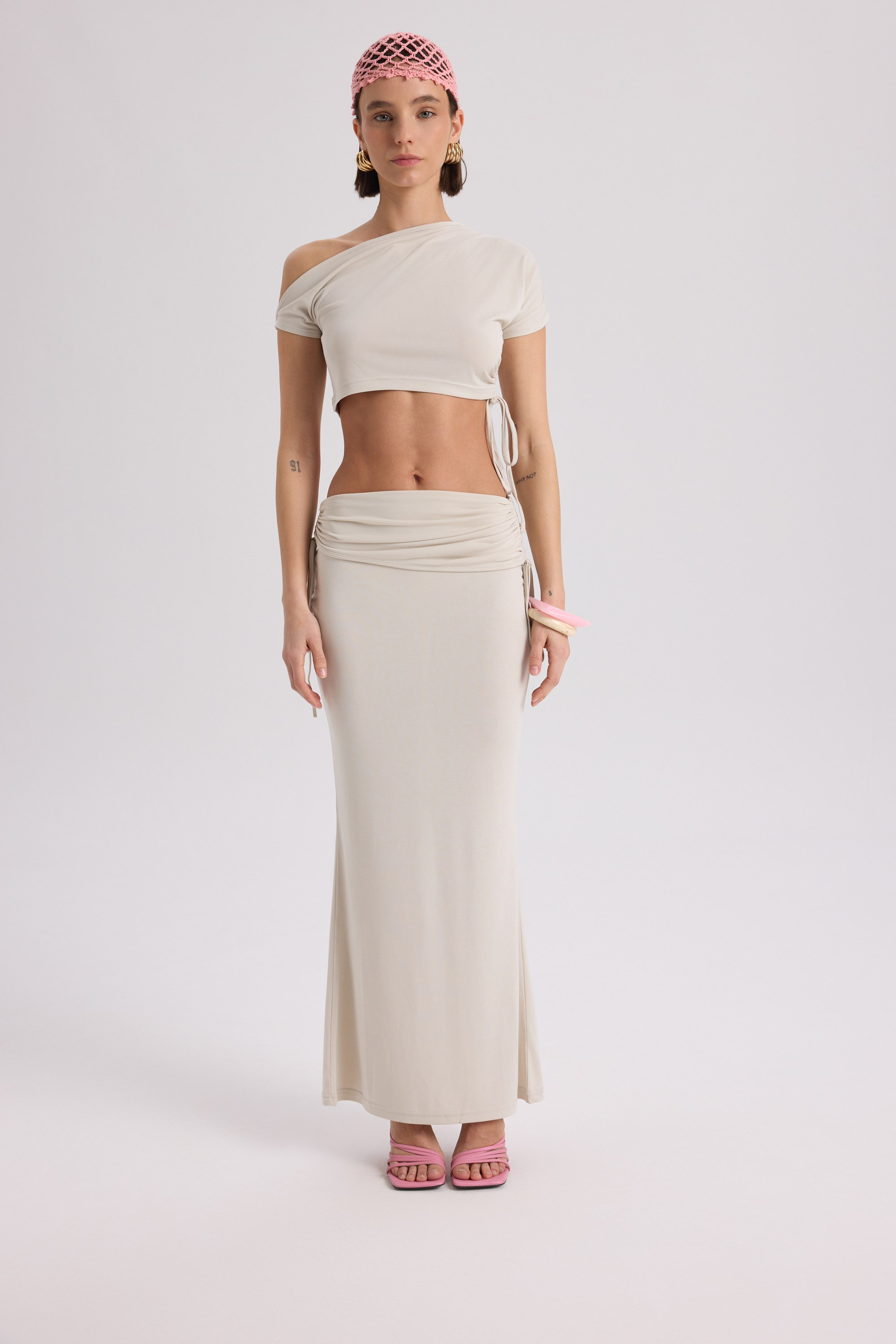 Ivan Ruched Beige Crop Skirt Set